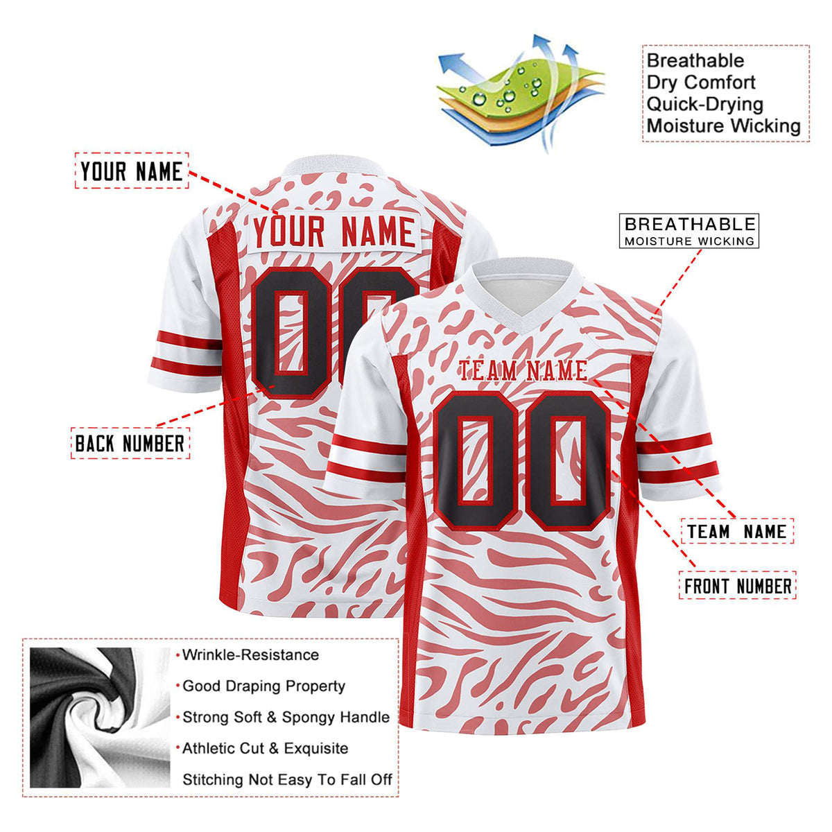 Custom White Red-Light Red Mesh Zebra Style Football Jersey