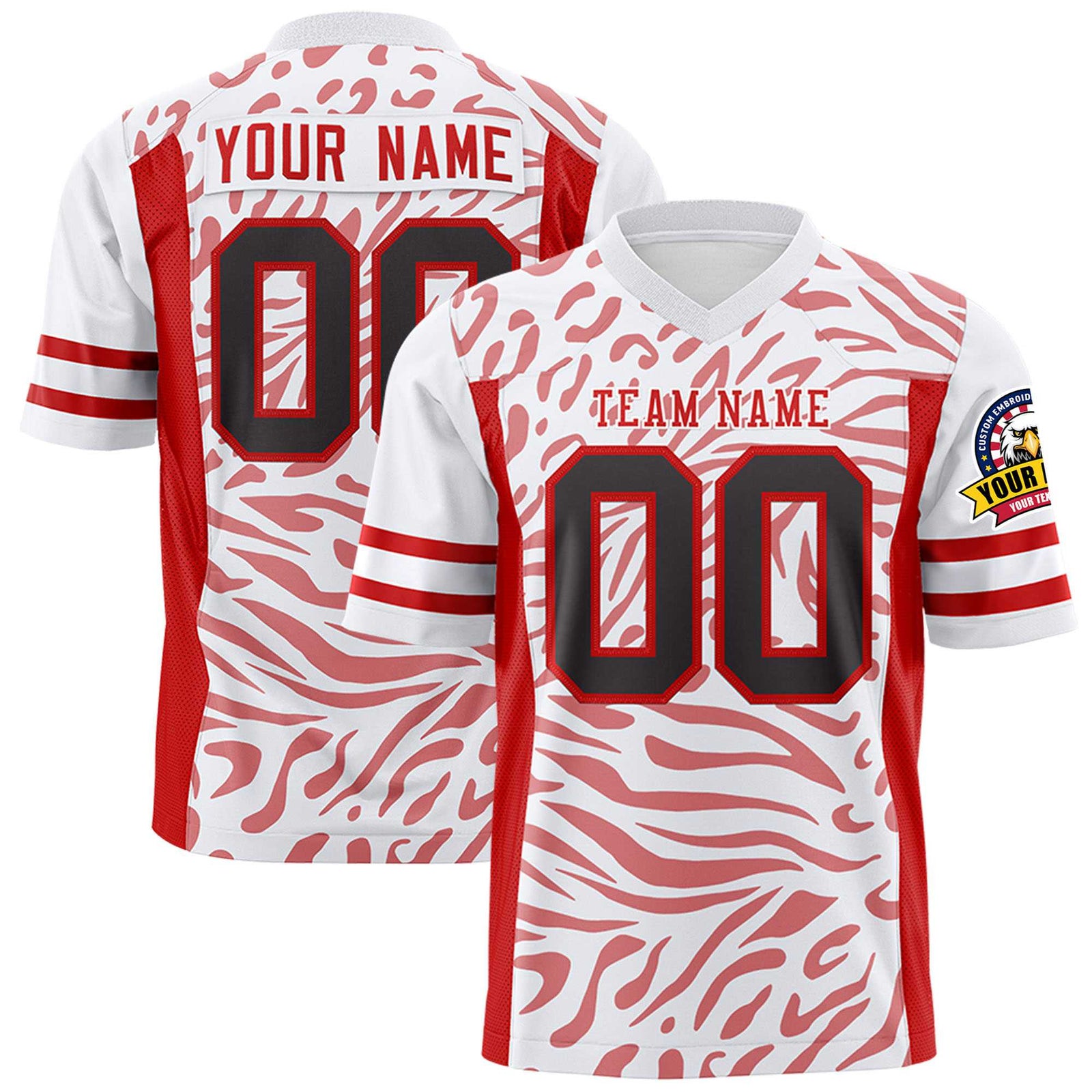 Custom White Red-Light Red Mesh Zebra Style Football Jersey