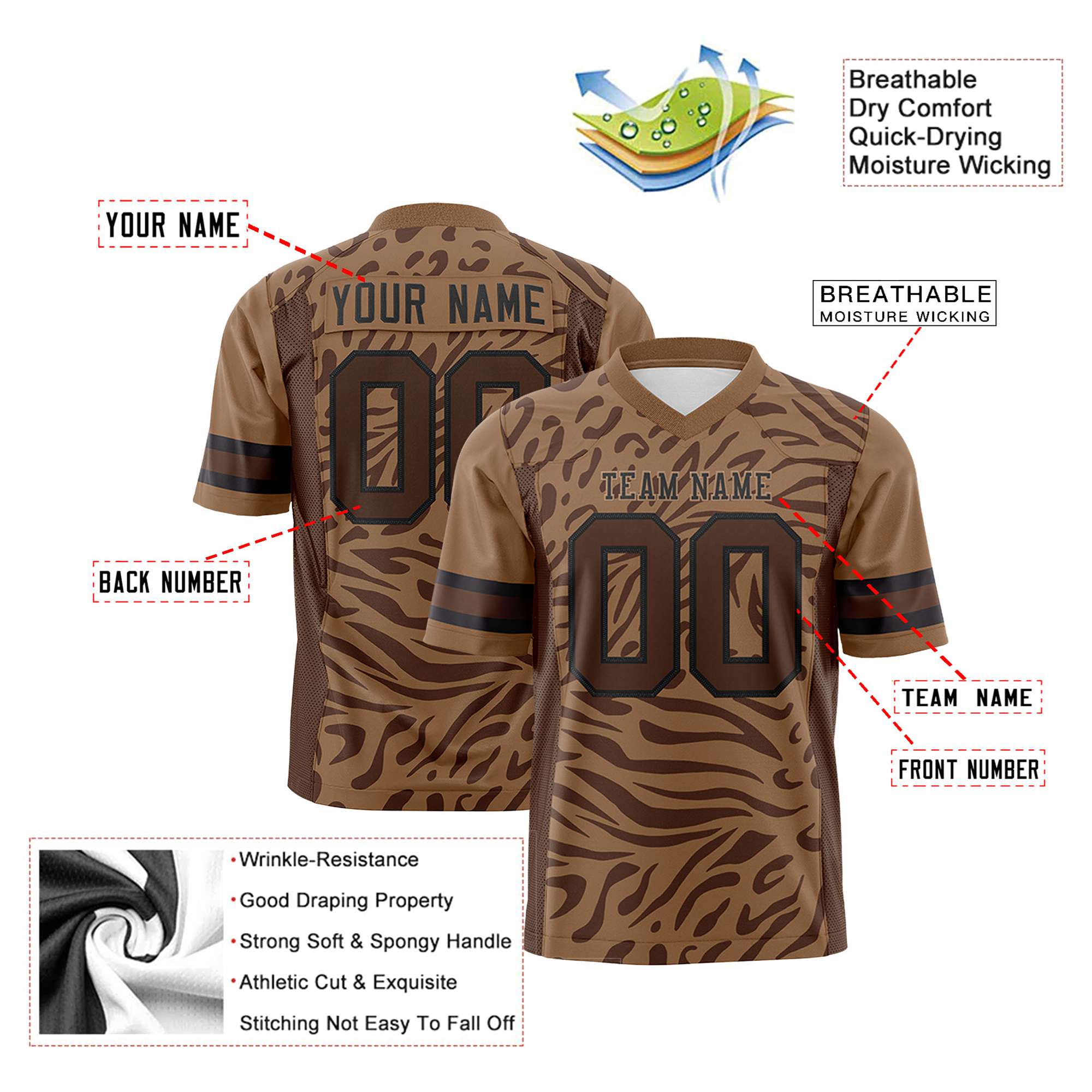 Custom Brown Black Mesh Zebra Style Football Jersey