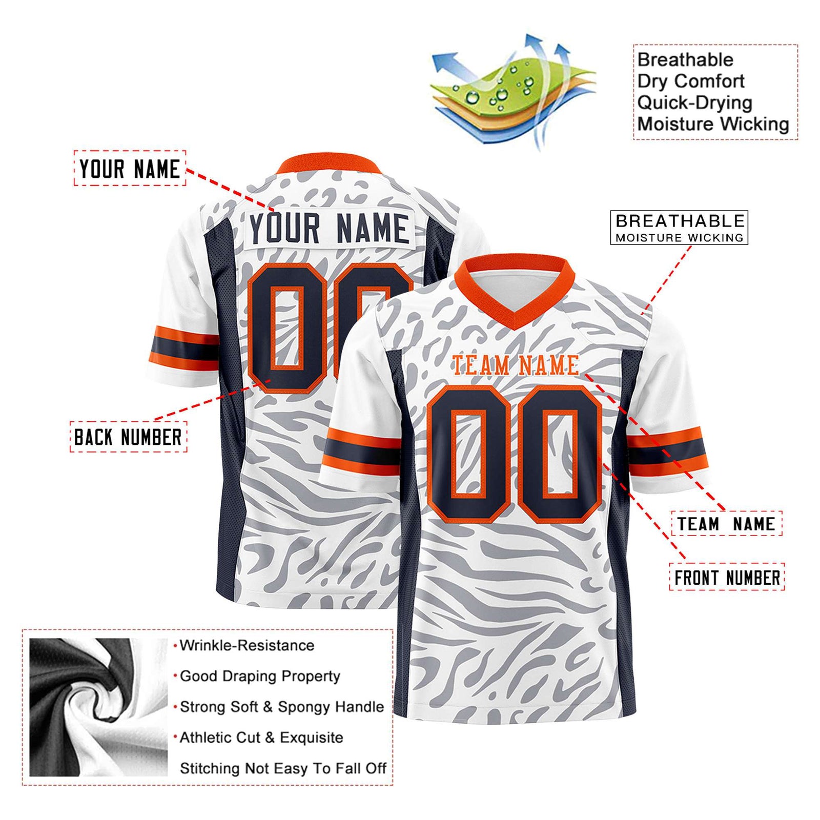 Custom White Navy-Orange Mesh Zebra Style Football Jersey