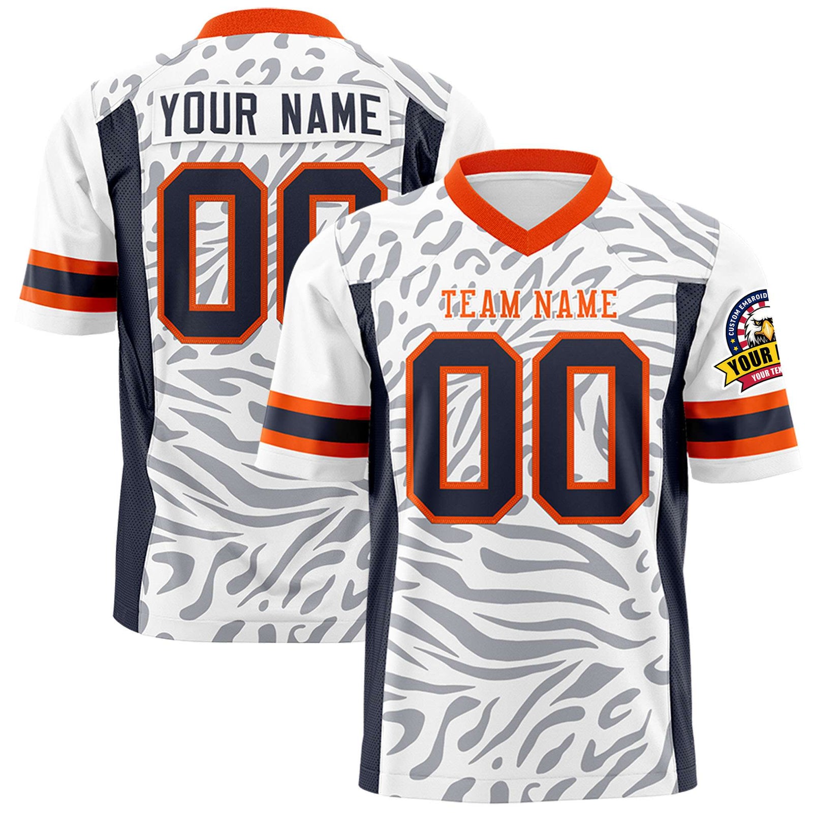 Custom White Navy-Orange Mesh Zebra Style Football Jersey