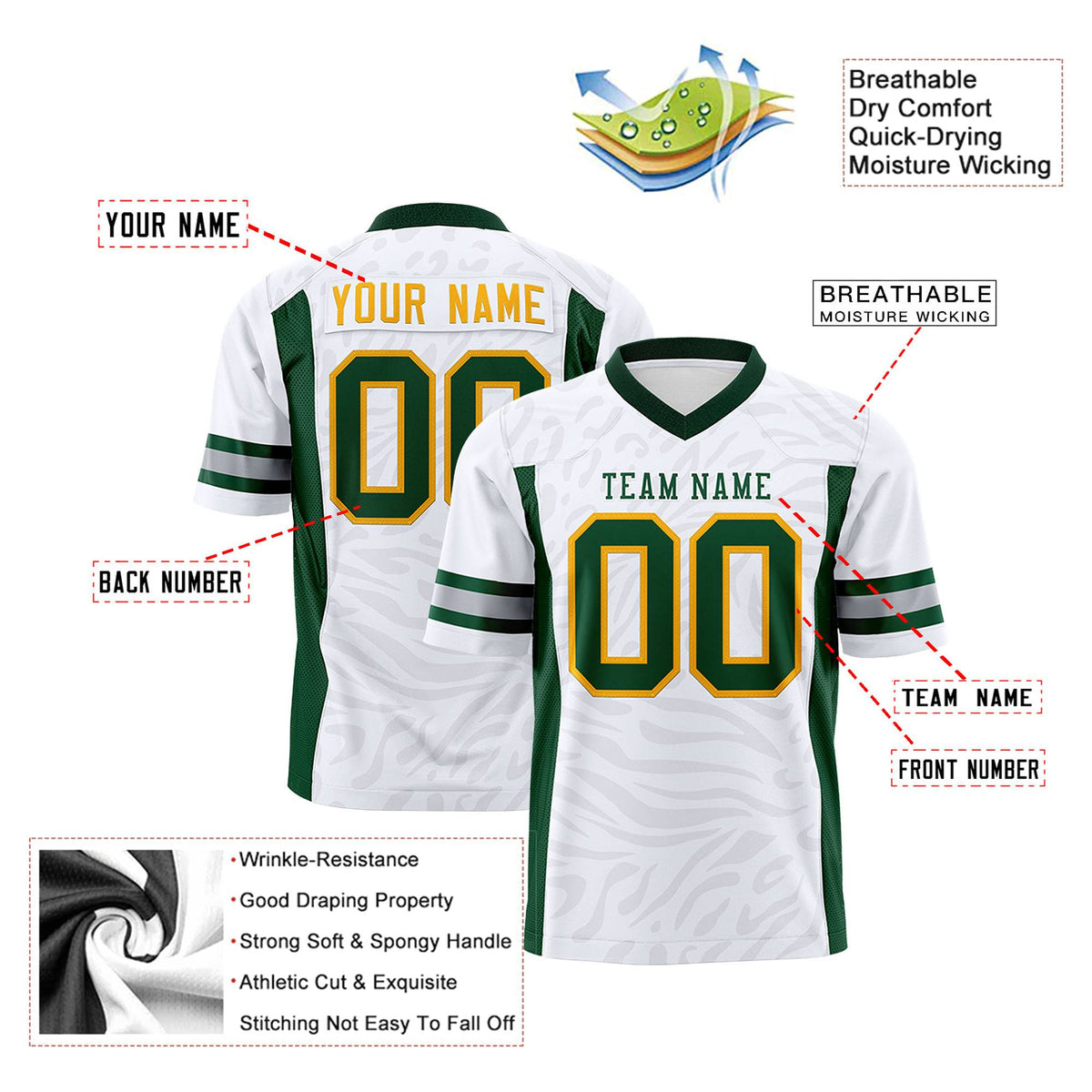 Custom White Green-Gold Mesh Zebra Style Football Jersey