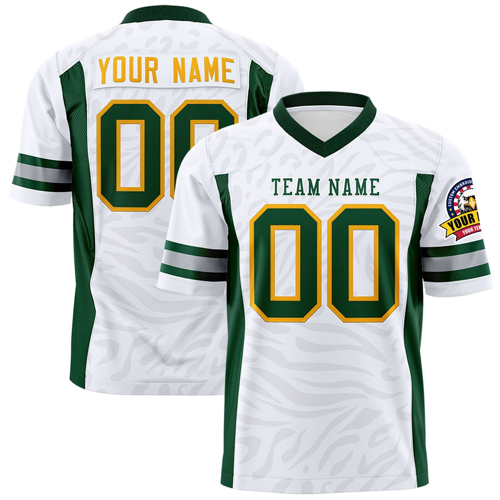 Custom White Green-Gold Mesh Zebra Style Football Jersey