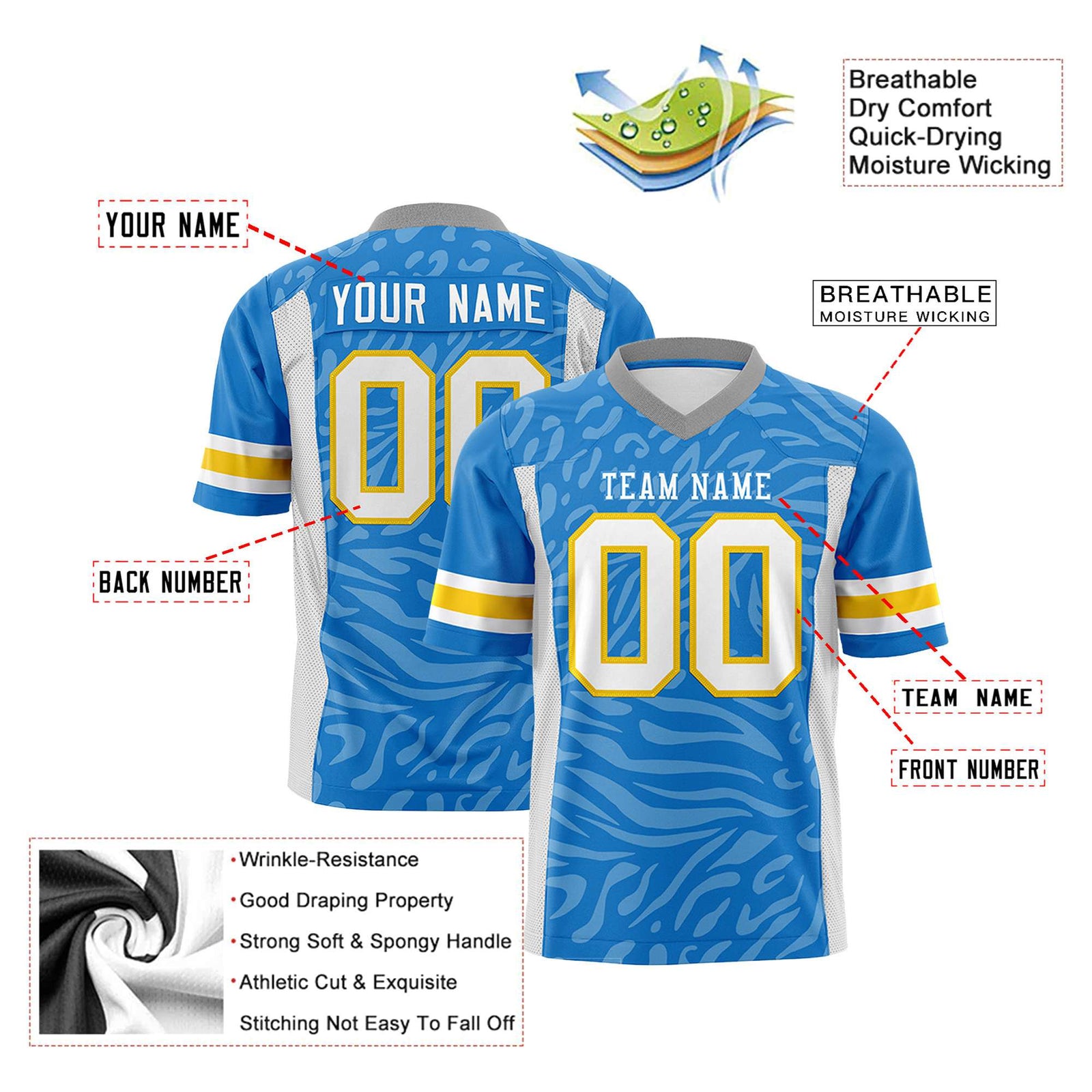 Custom Powder Blue White-Gold Mesh Zebra Style Football Jersey