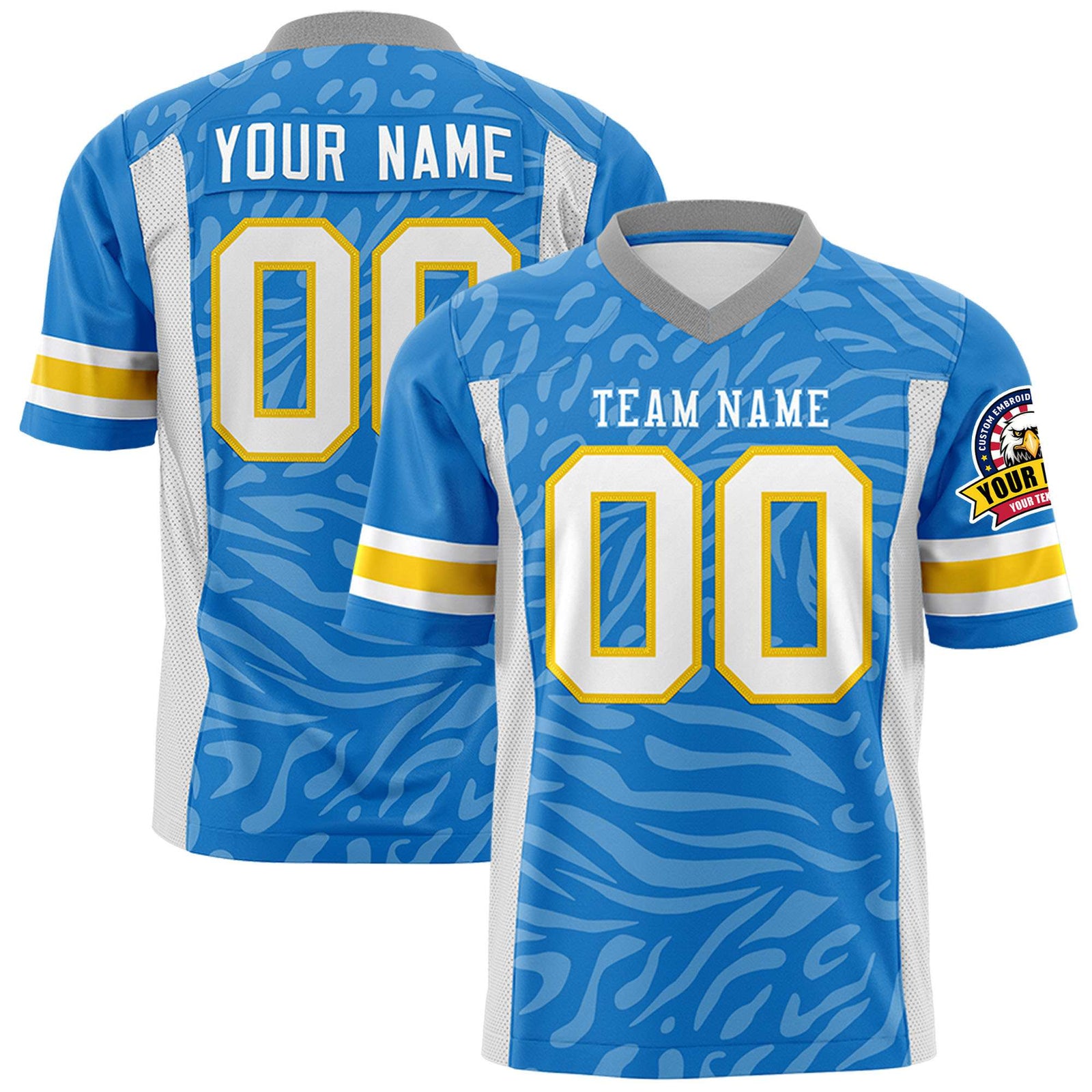 Custom Powder Blue White-Gold Mesh Zebra Style Football Jersey