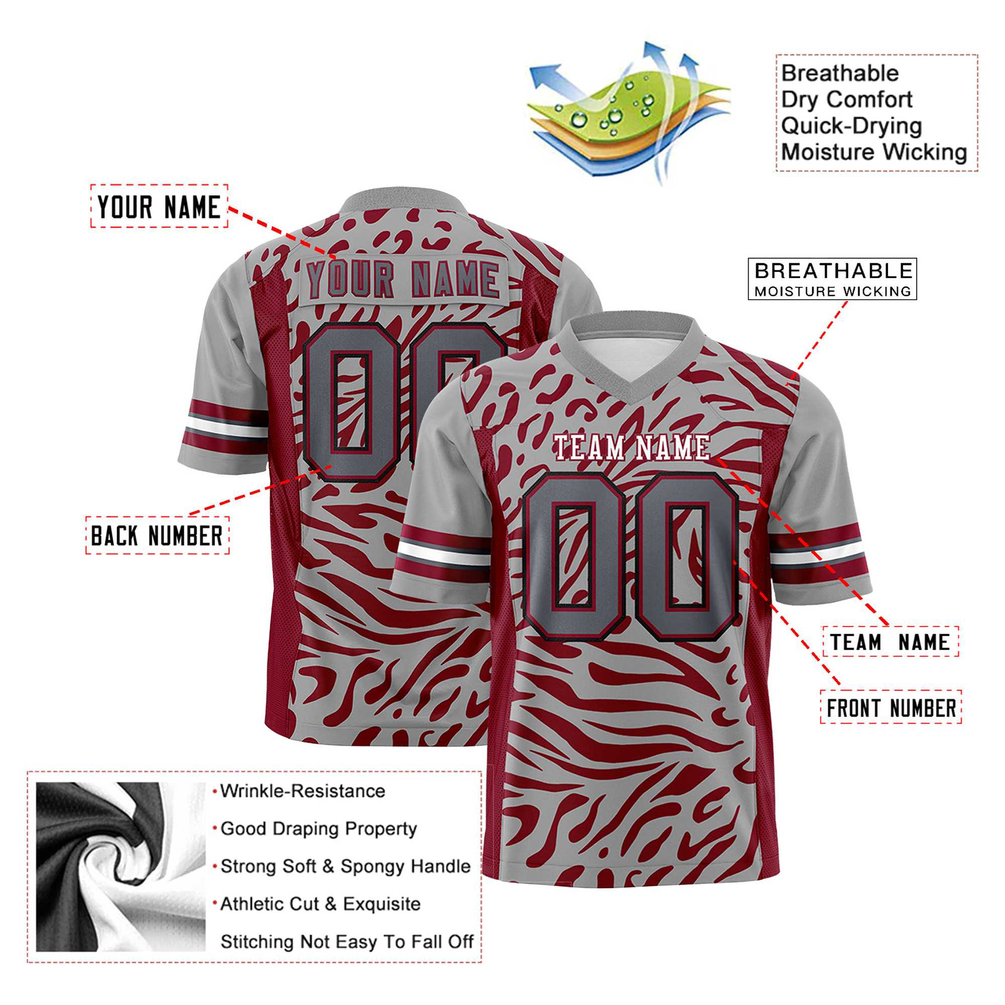 Custom Gray Crimson-White Mesh Zebra Style Football Jersey