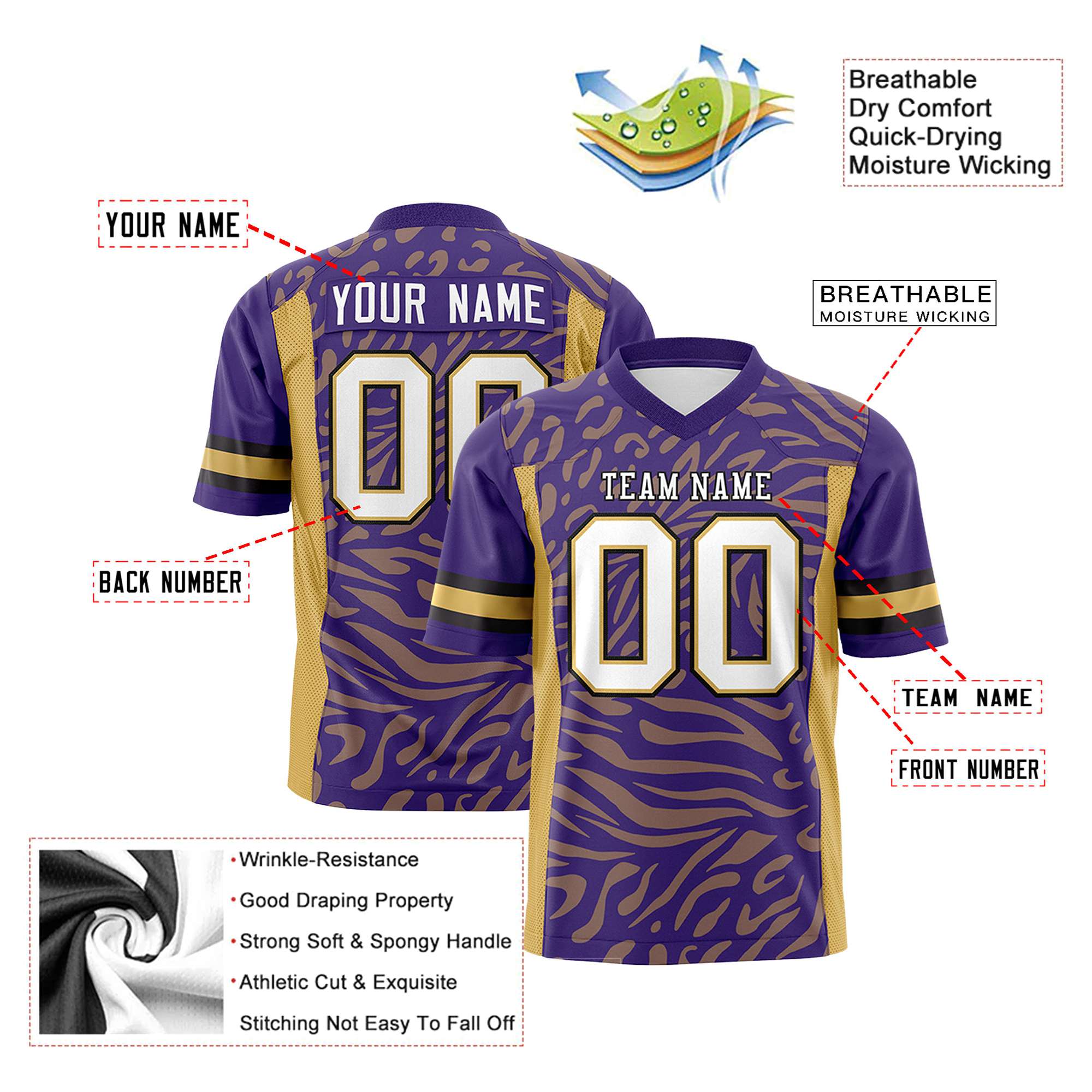 Custom Purple Old-Gold White Mesh Zebra Style Football Jersey