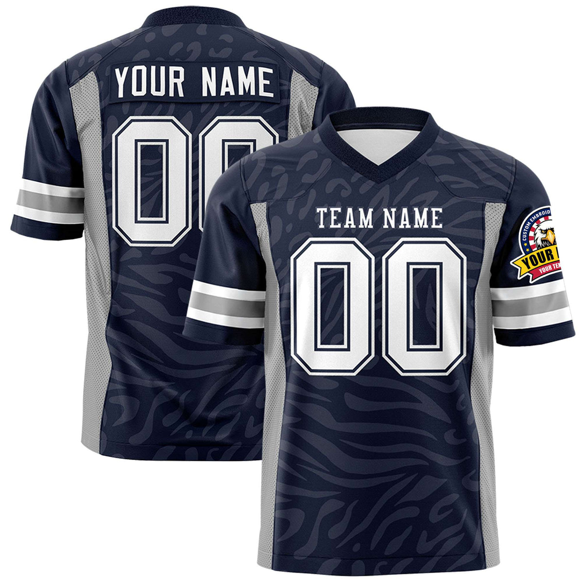 Custom Navy Gray-White Mesh Zebra Style Football Jersey