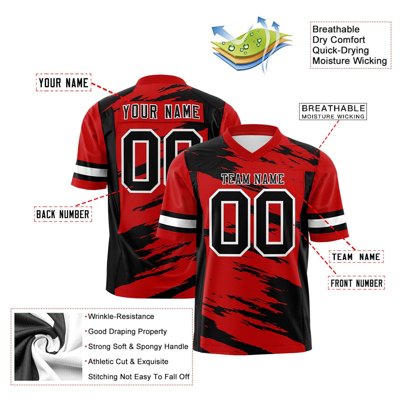 Custom Red-Black Mesh Scratch Football Jersey