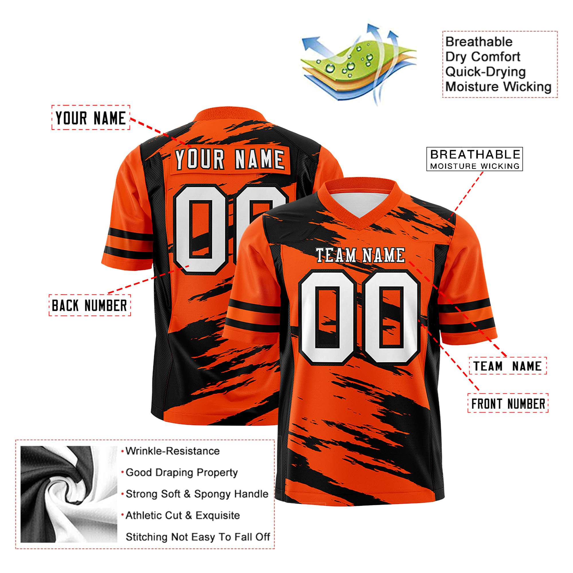 Custom Orange-Black Mesh Scratch Football Jersey