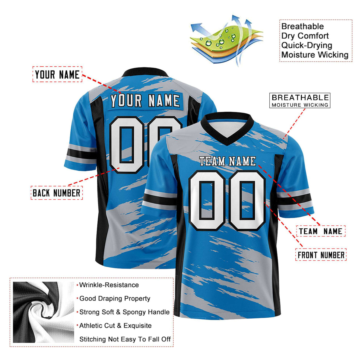 Custom Light Blue-Gray Mesh Scratch Football Jersey