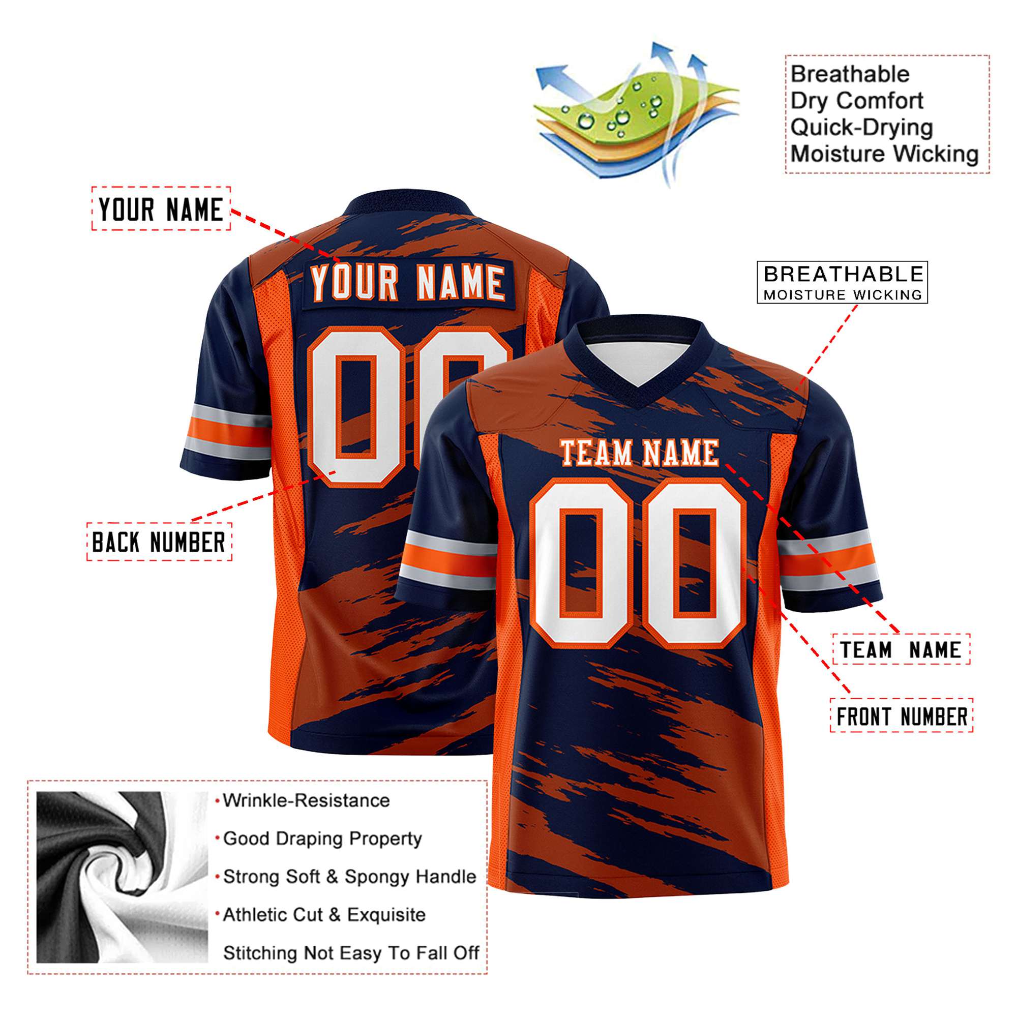 Custom Navy-Orange Mesh Scratch Football Jersey