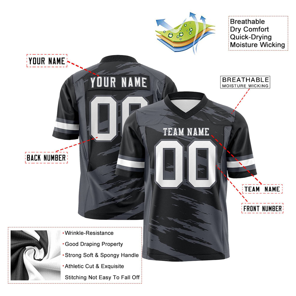 Custom Black-Gray Mesh Scratch Football Jersey