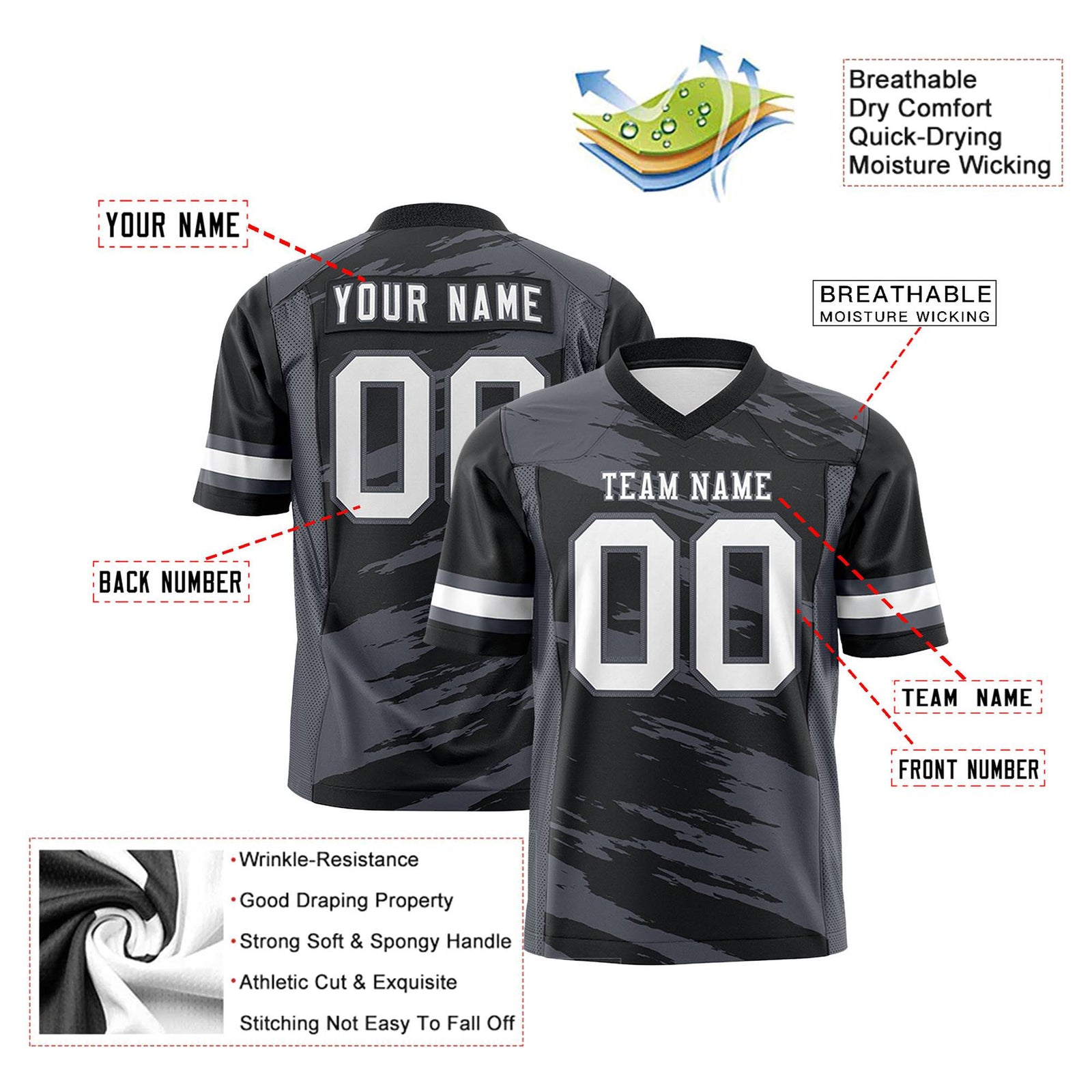 Custom Black-Gray Mesh Scratch Football Jersey
