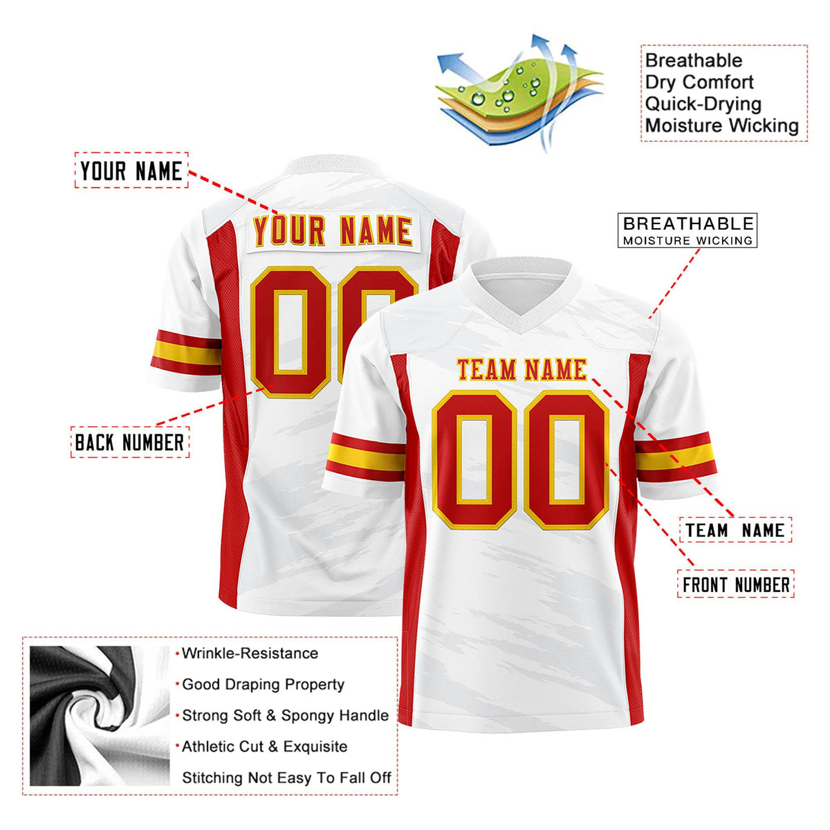 Custom White Red Mesh Scratch Football Jersey