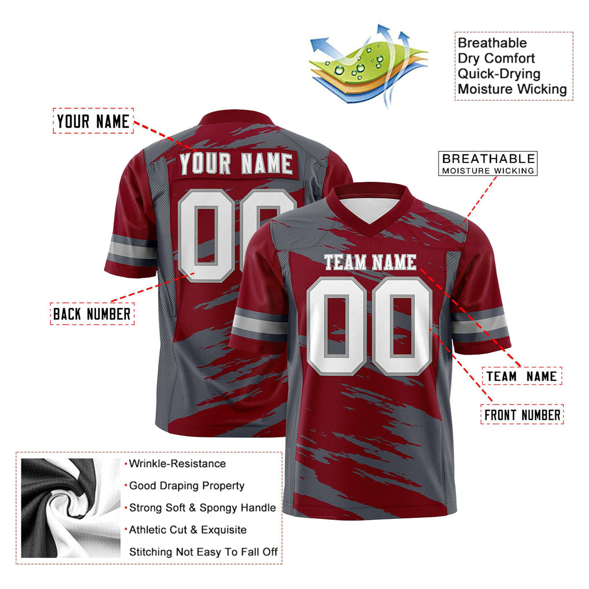 Custom Crimson-Gark Gray Mesh Scratch Football Jersey