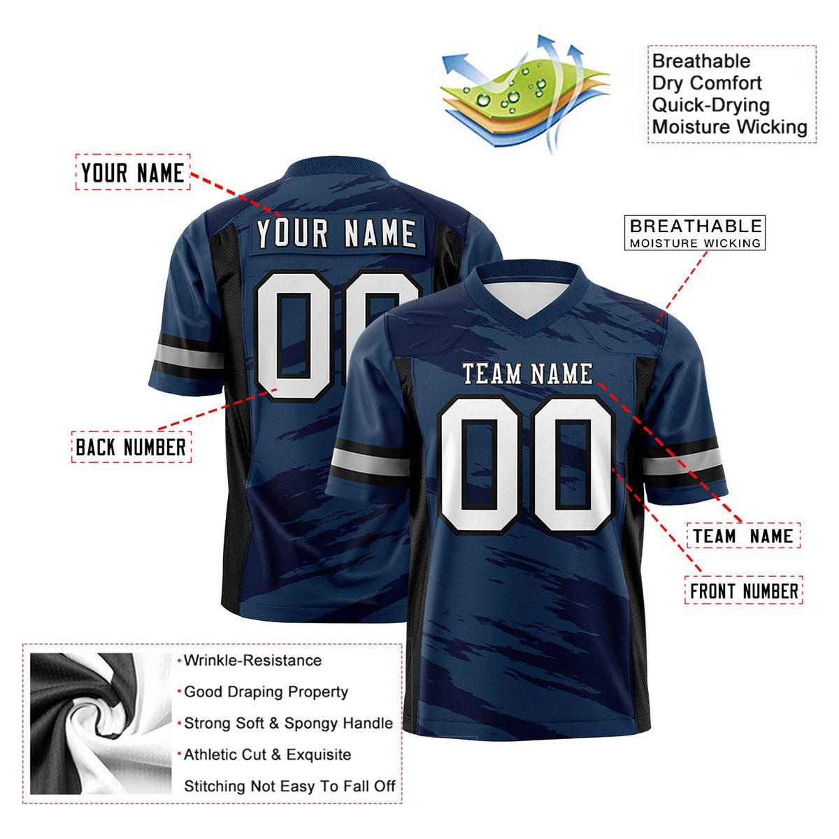 Custom Navy-Black Mesh Scratch Football Jersey