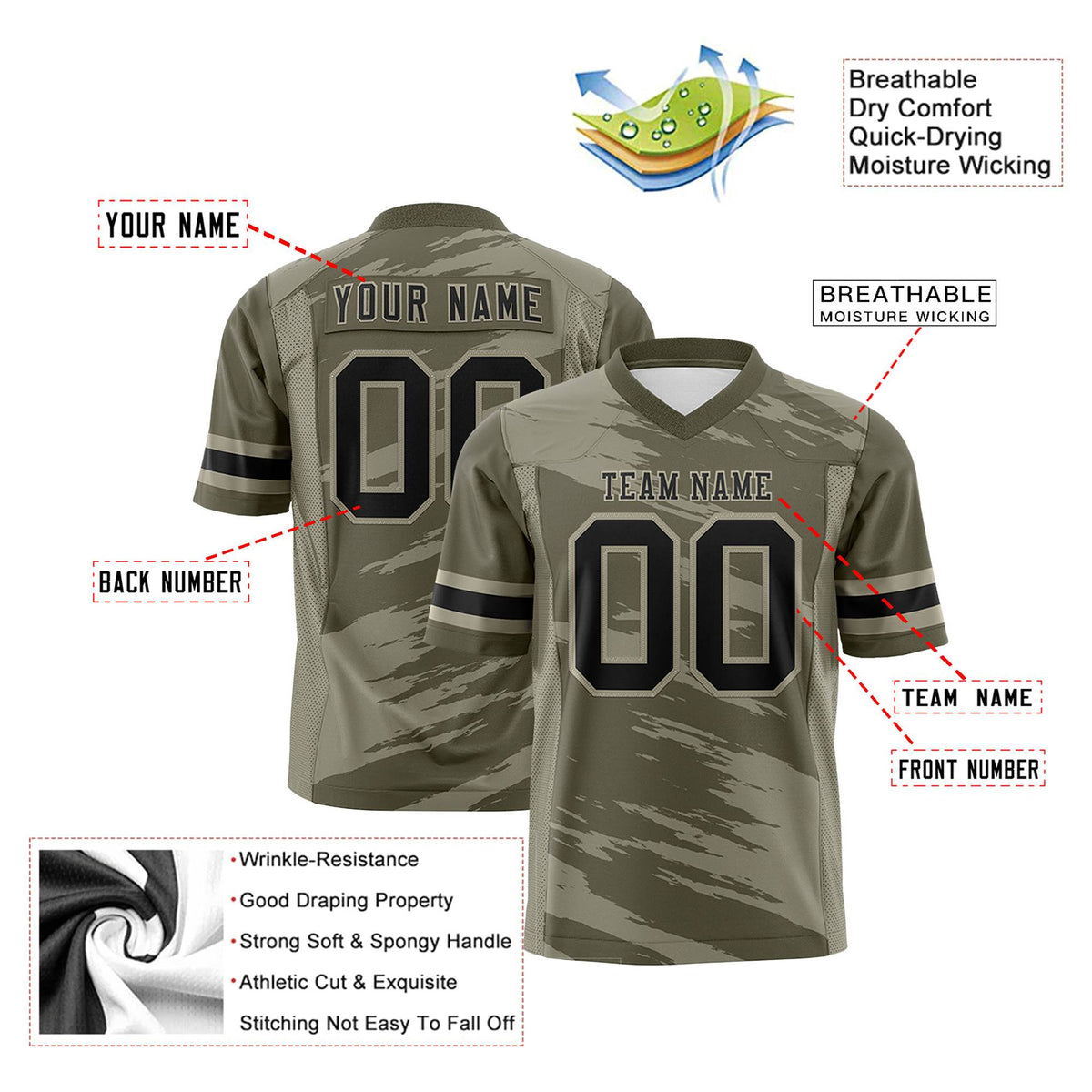 Custom Olive-Khaki Mesh Scratch Football Jersey