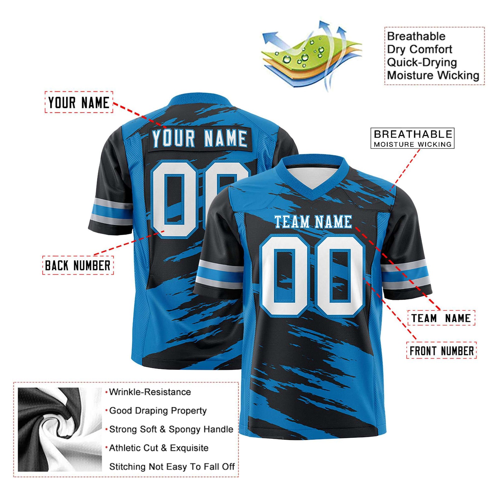 Custom Black-Powder Blue Mesh Scratch Football Jersey
