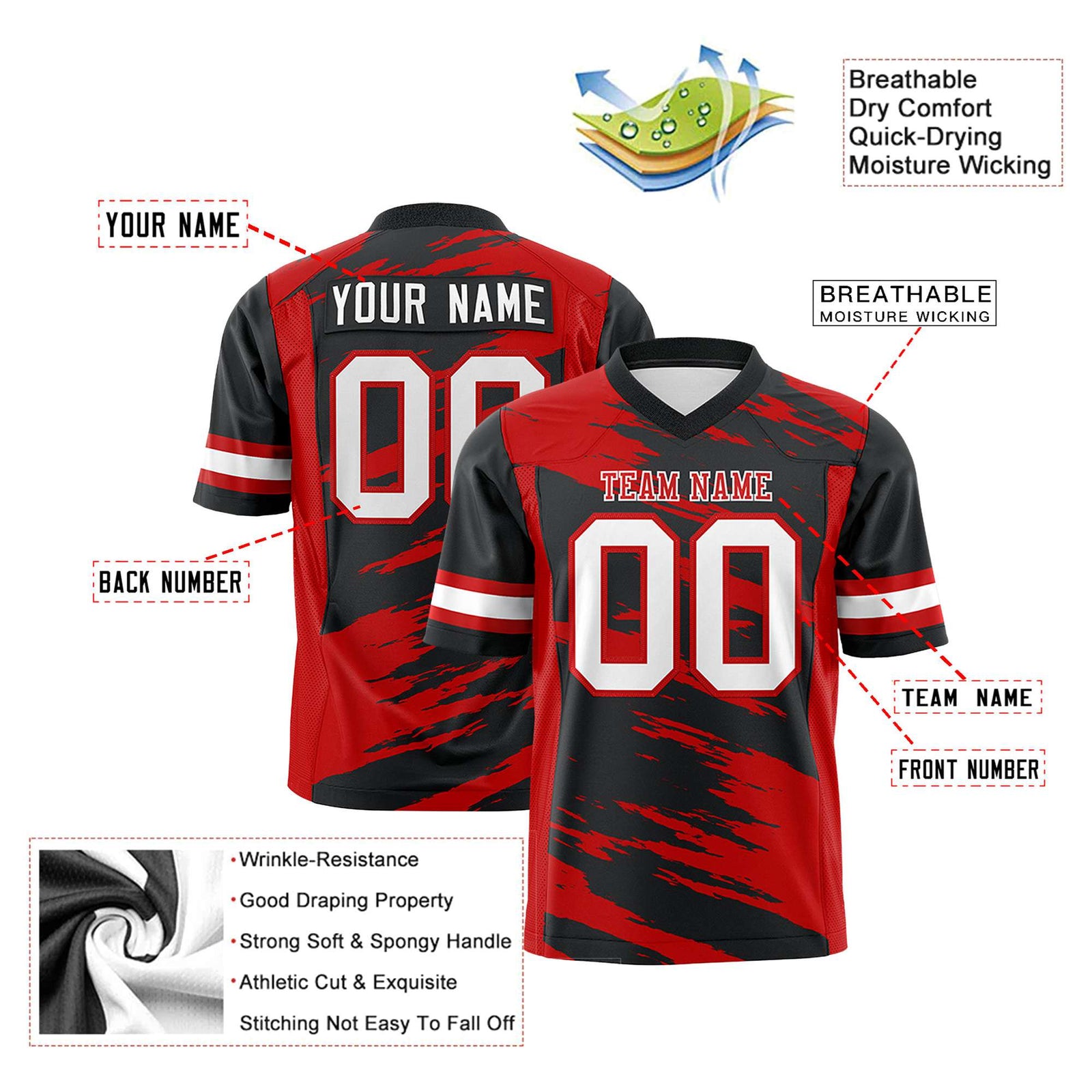 Custom Black-Red Mesh Scratch Football Jersey