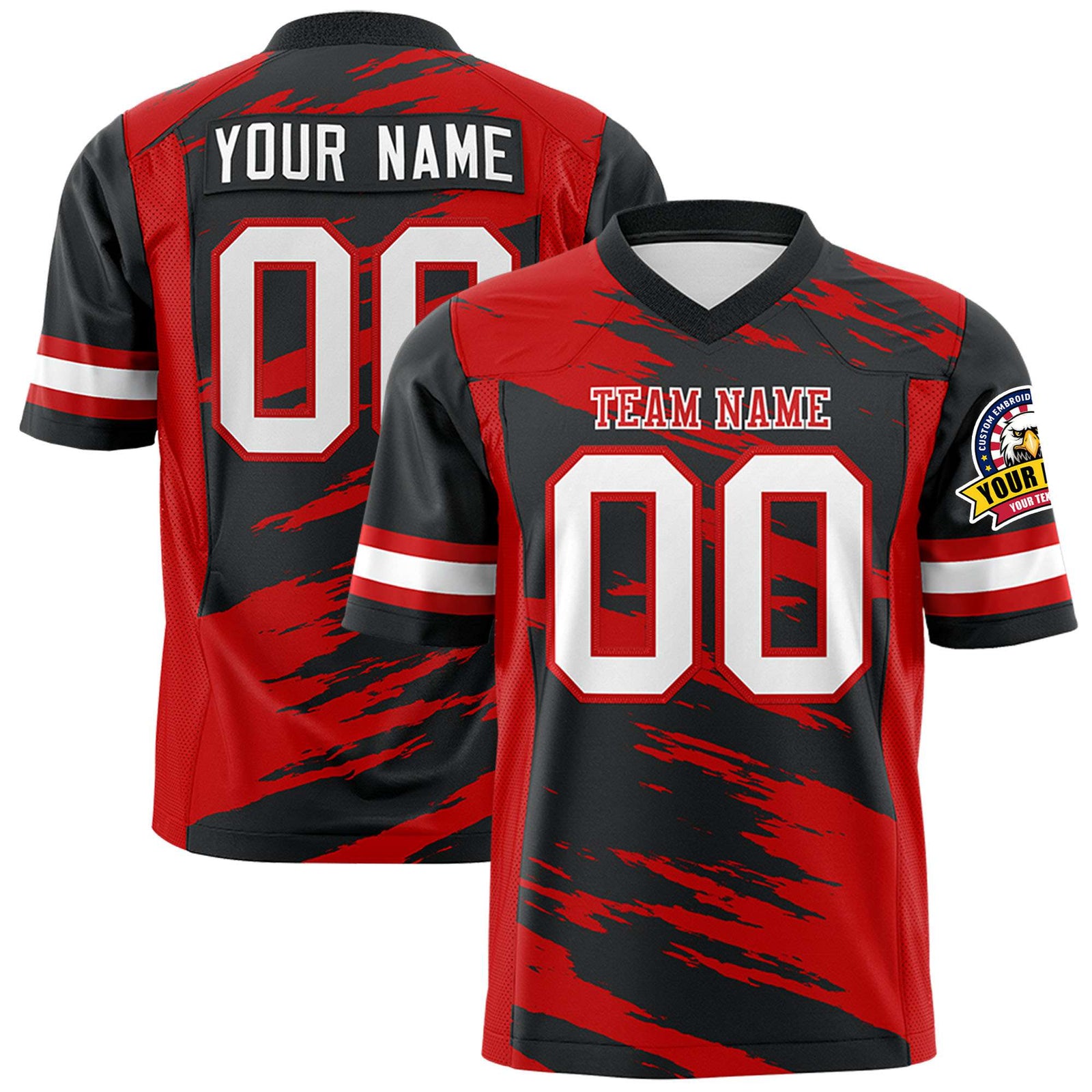 Custom Black-Red Mesh Scratch Football Jersey