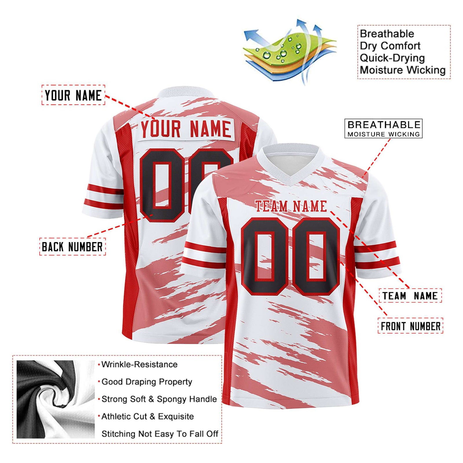Custom White-Red Mesh Scratch Football Jersey