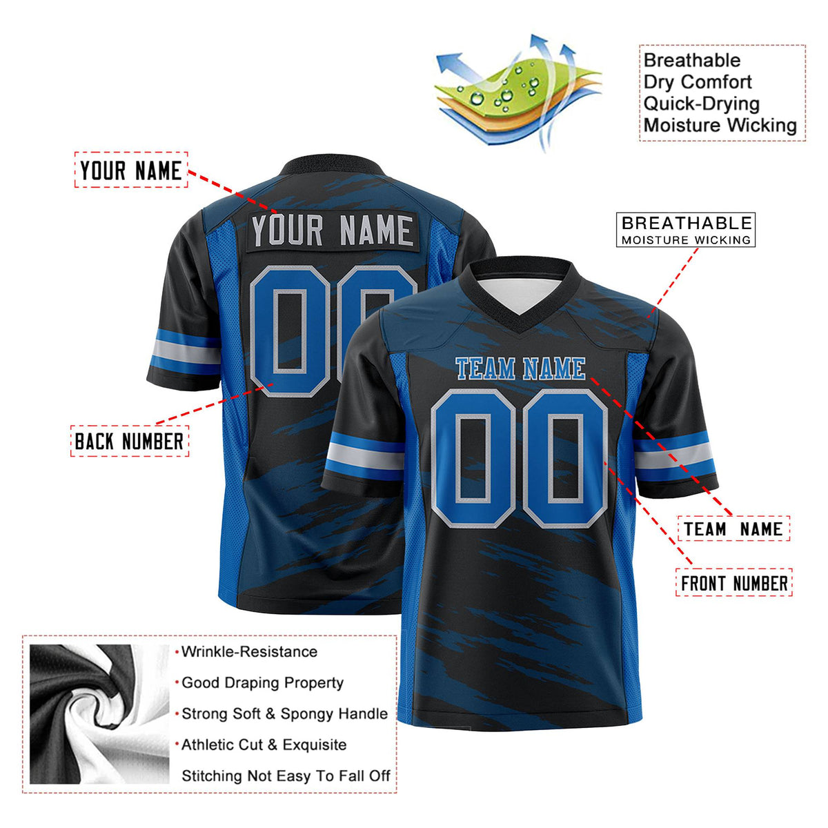 Custom Black-Light Blue Mesh Scratch Football Jersey