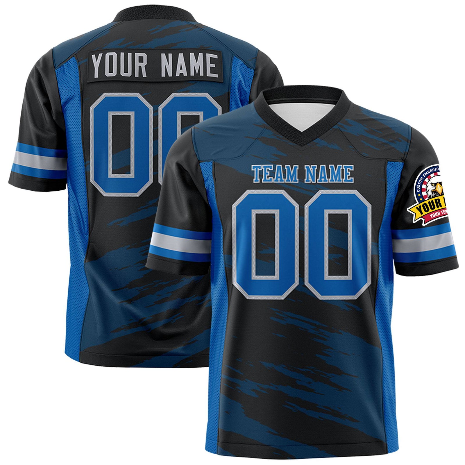 Custom Black-Light Blue Mesh Scratch Football Jersey