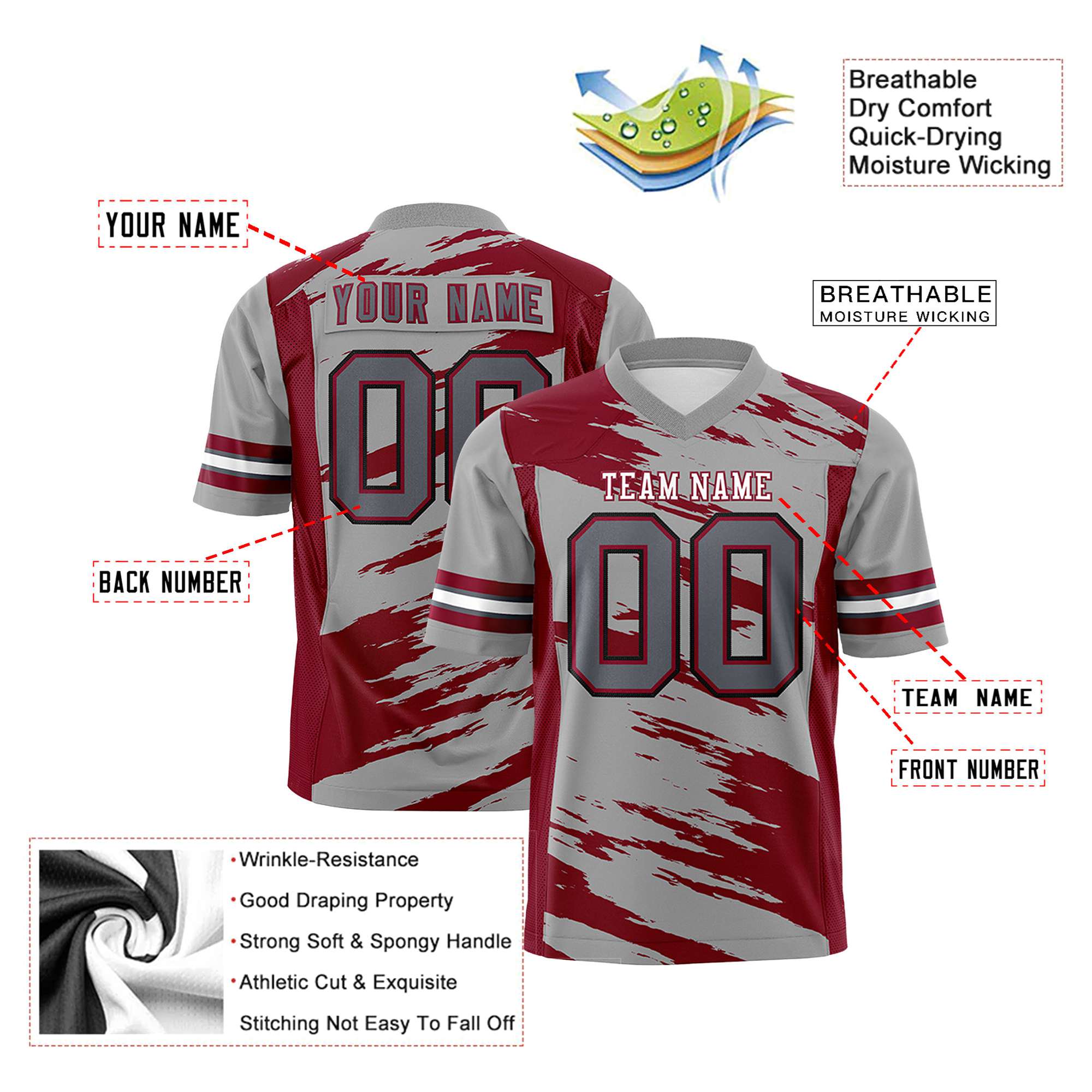 Custom Gray-Crimson Mesh Scratch Football Jersey