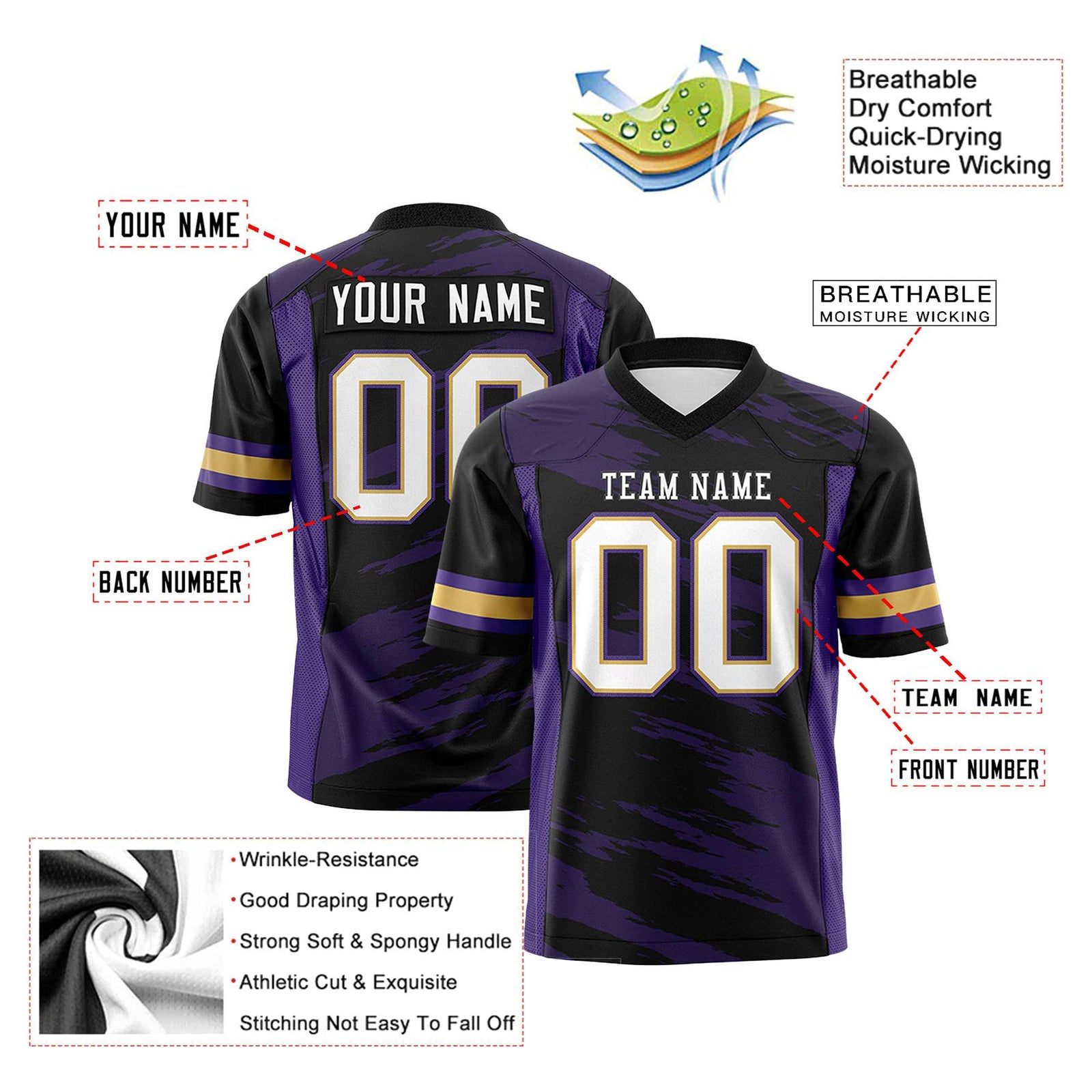 Custom Black-Purple Mesh Scratch Football Jersey