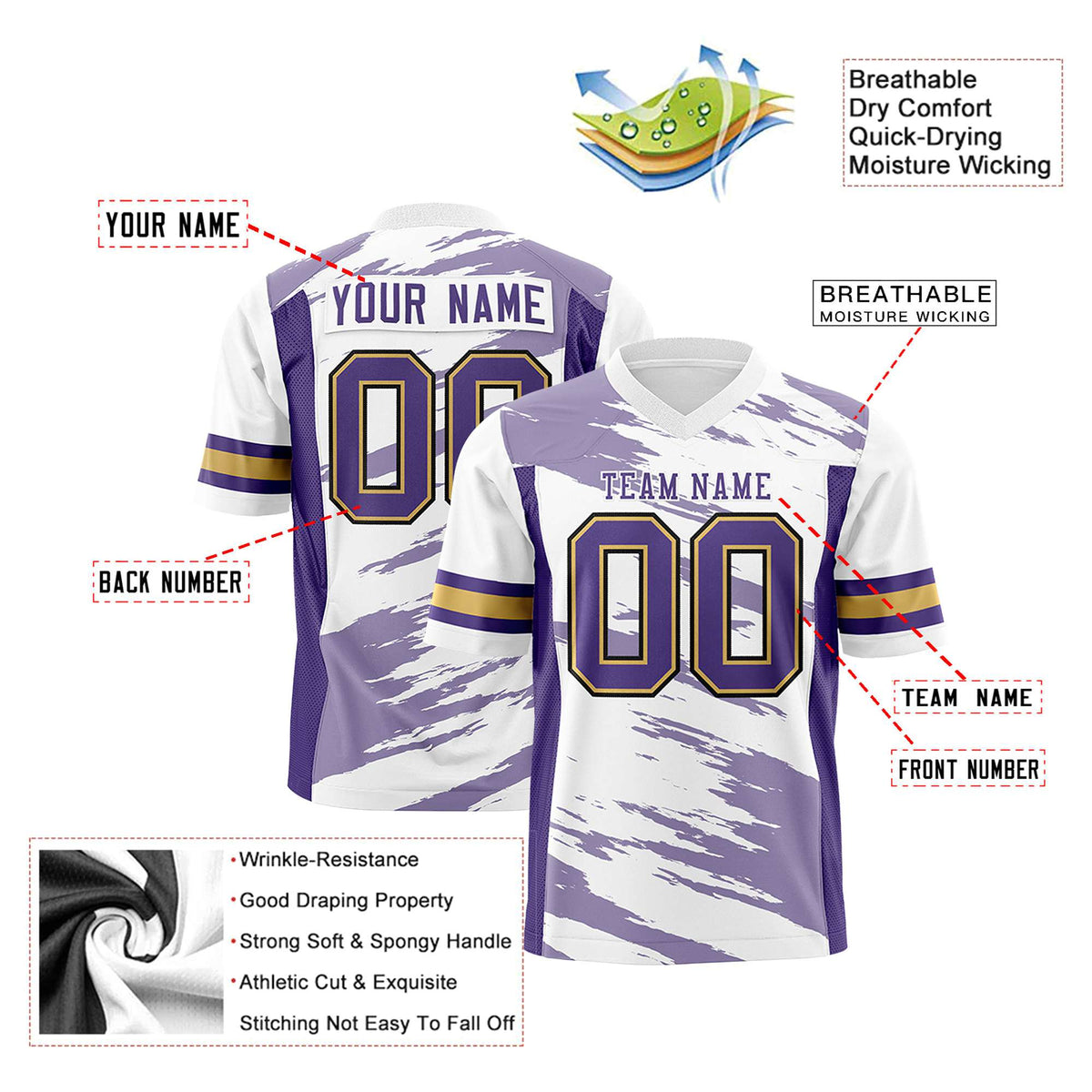 Custom White-Light Purple Mesh Scratch Football Jersey