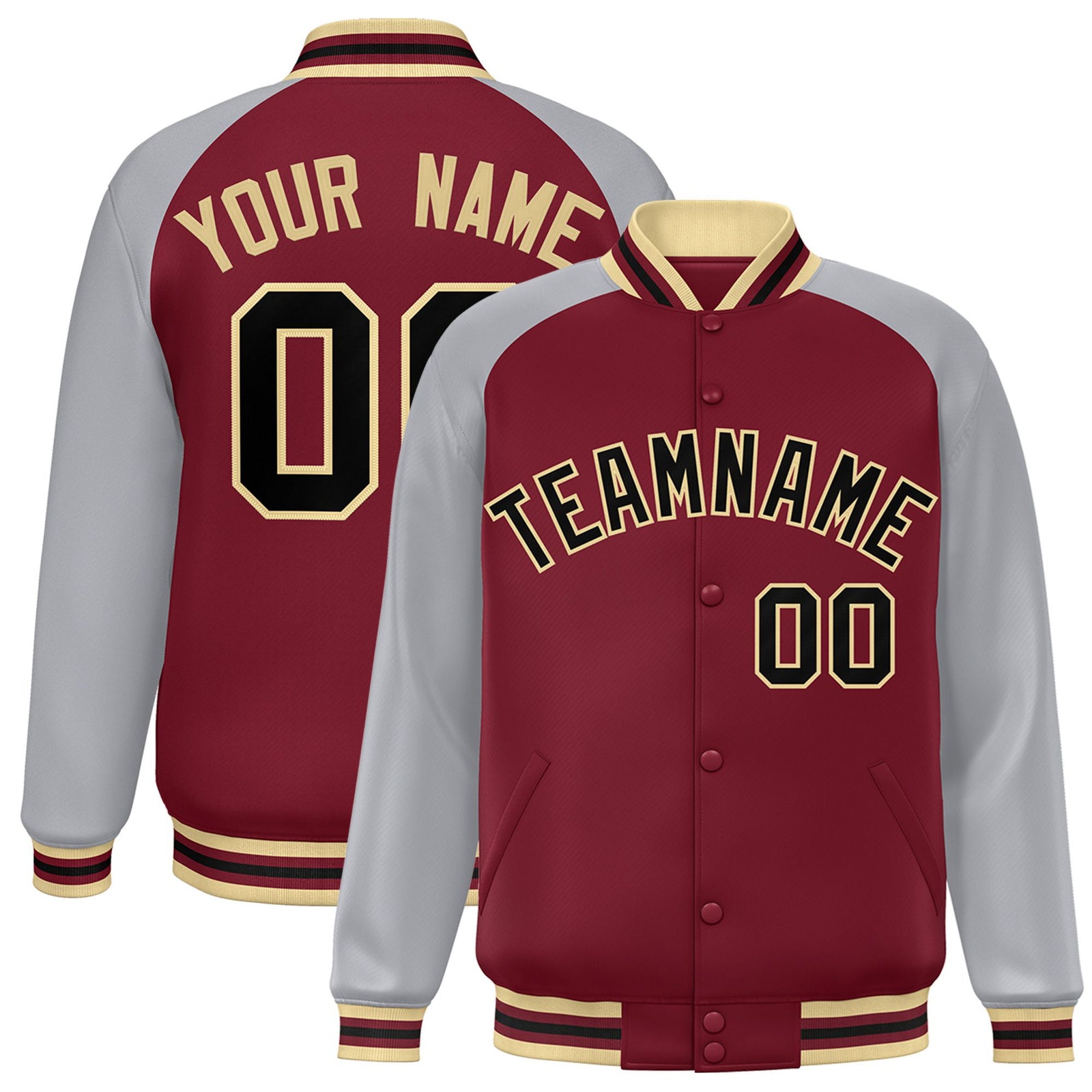 Custom Royal-Red Gray Black Old-Gold Bomber Raglan Sleeves Varsity Letterman Jacket
