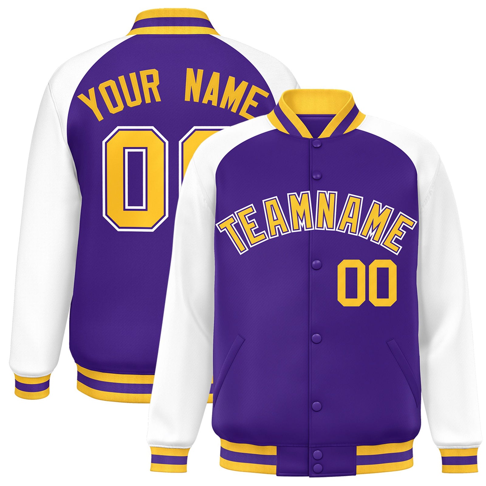 Custom Purple White-Yellow Bomber Raglan Sleeves Varsity Letterman Jacket