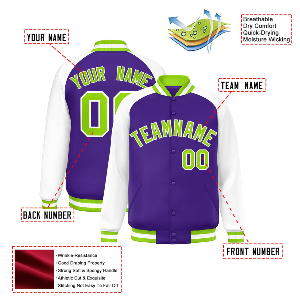 Custom Purple White Neon-Green Bomber Raglan Sleeves Varsity Letterman Jacket