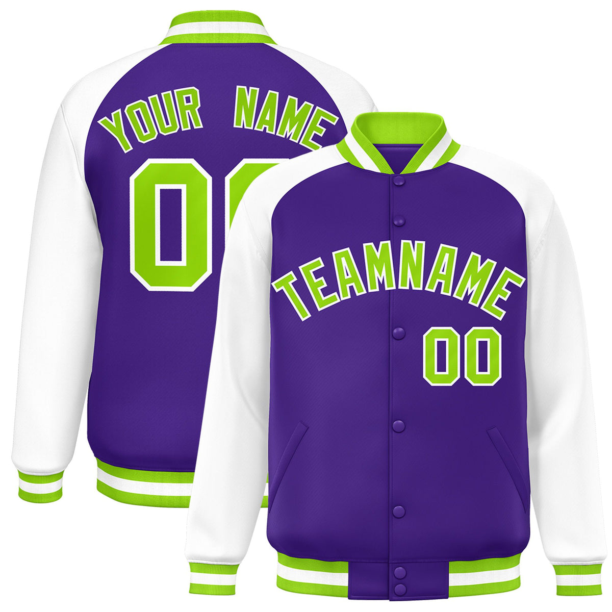 Custom Purple White Neon-Green Bomber Raglan Sleeves Varsity Letterman Jacket
