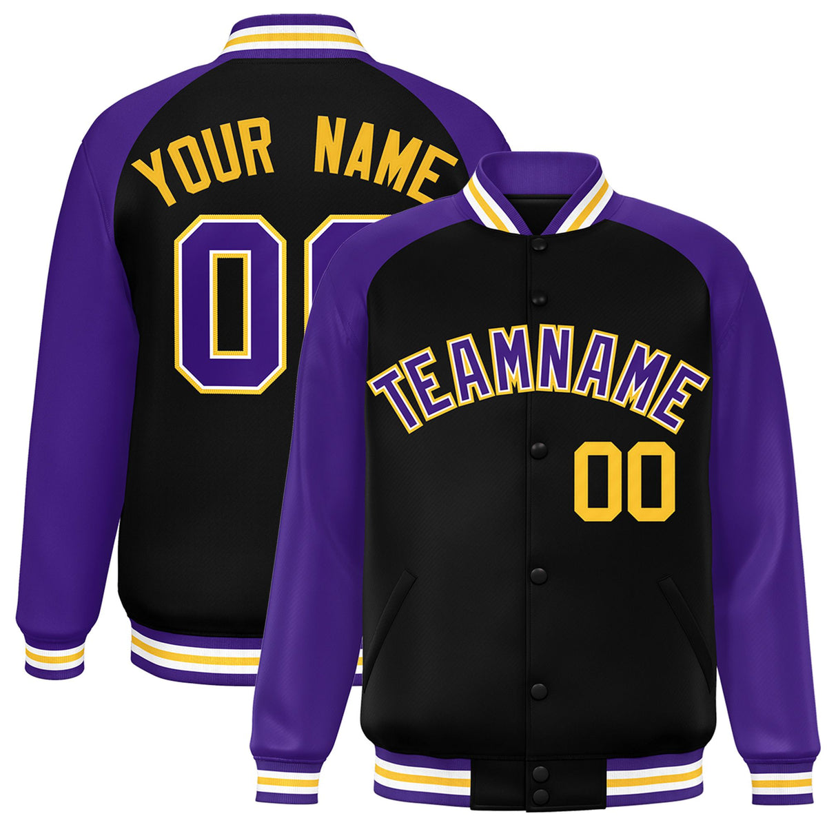 Custom Black Purple-Yellow Bomber Raglan Sleeves Varsity Letterman Jacket
