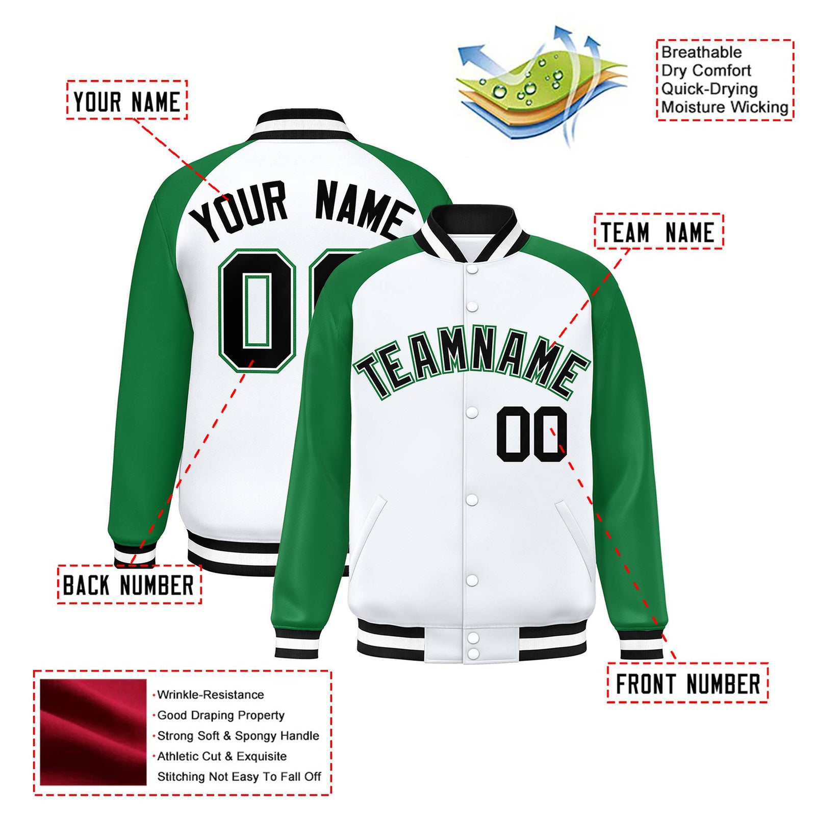 Custom White Neon-Green Black Bomber Raglan Sleeves Varsity Letterman Jacket