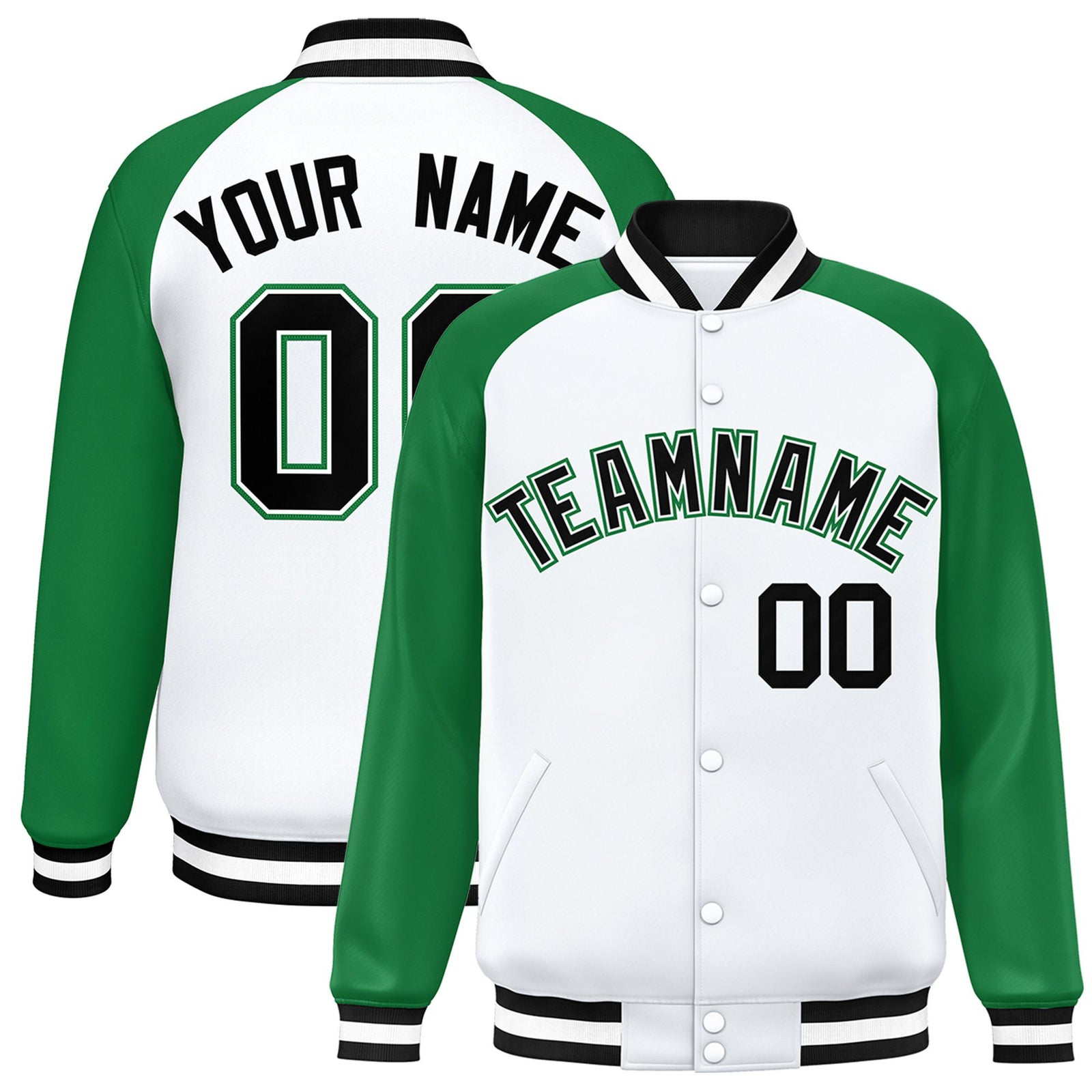 Custom White Neon-Green Black Bomber Raglan Sleeves Varsity Letterman Jacket