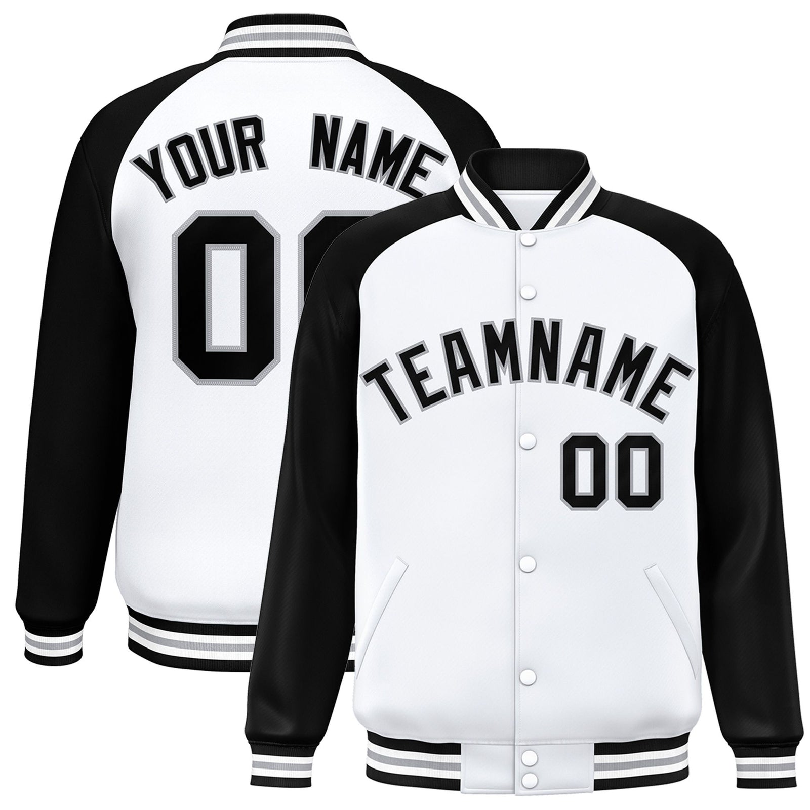 Custom White Black-Gray Bomber Raglan Sleeves Varsity Letterman Jacket