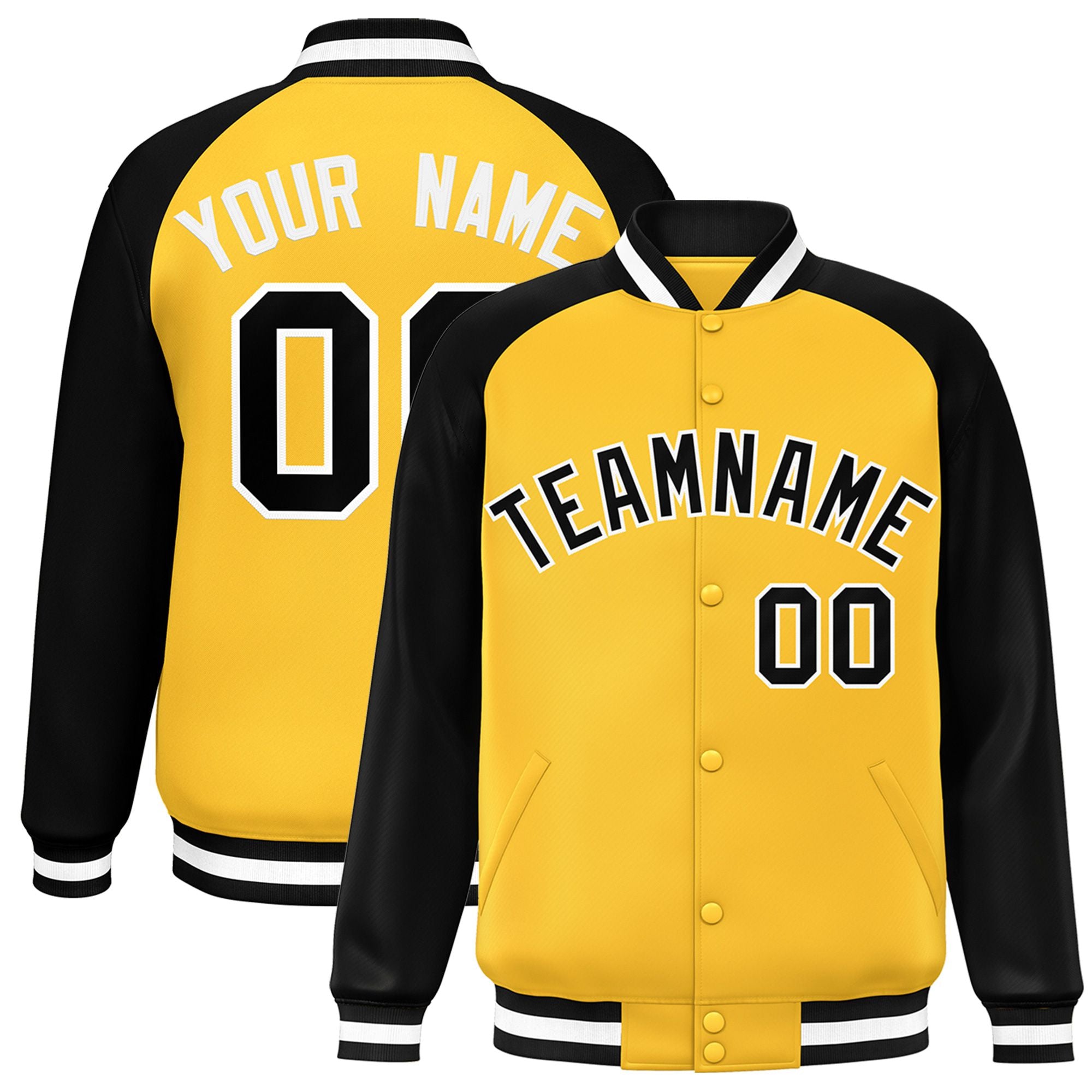 Custom Yellow Black-White Bomber Raglan Sleeves Varsity Letterman Jacket