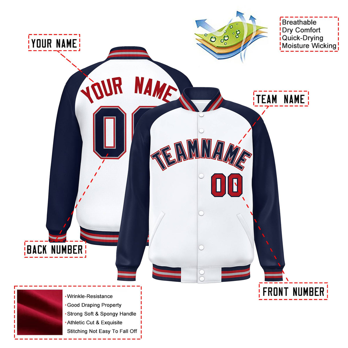 Custom White Navy-Red Gray Bomber Raglan Sleeves Varsity Letterman Jacket