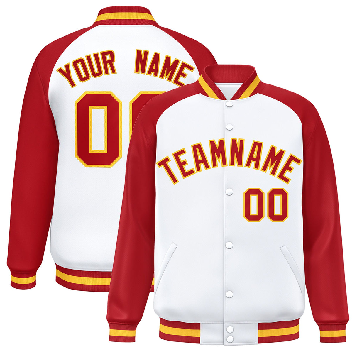 Custom White Red-Yellow Bomber Raglan Sleeves Varsity Letterman Jacket