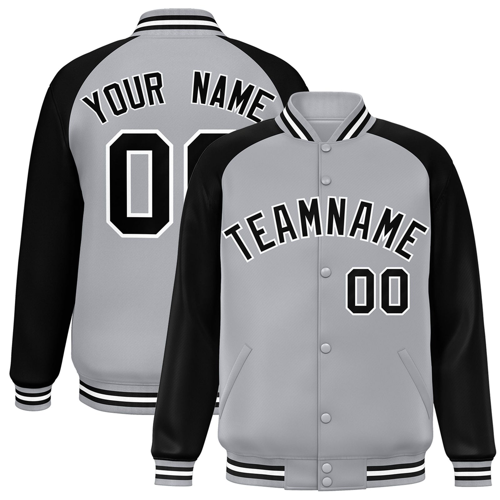 Custom Gray Black-White Bomber Raglan Sleeves Varsity Letterman Jacket