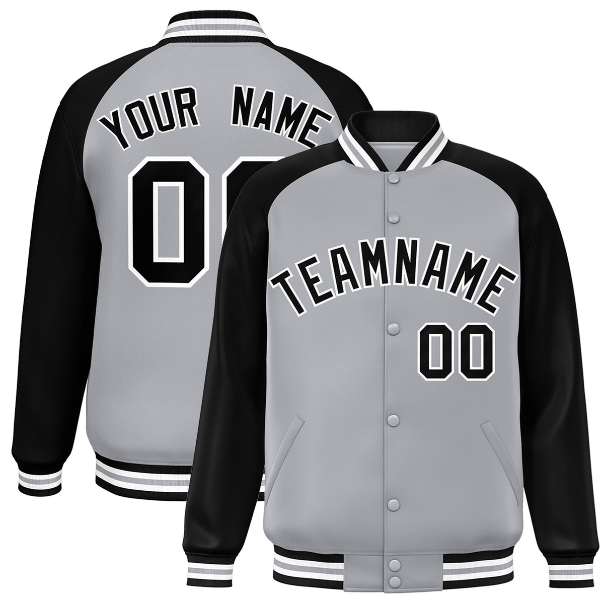 Custom Gray Black-White Gray Bomber Raglan Sleeves Varsity Letterman Jacket