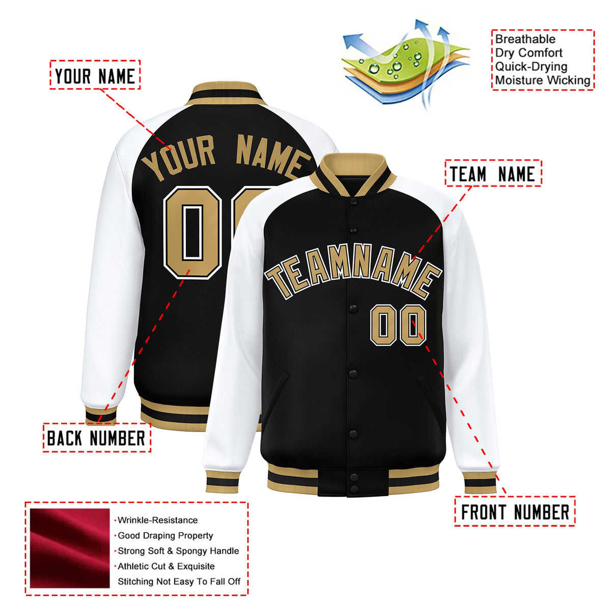 Custom Black White Old-Gold Bomber Raglan Sleeves Varsity Letterman Jacket