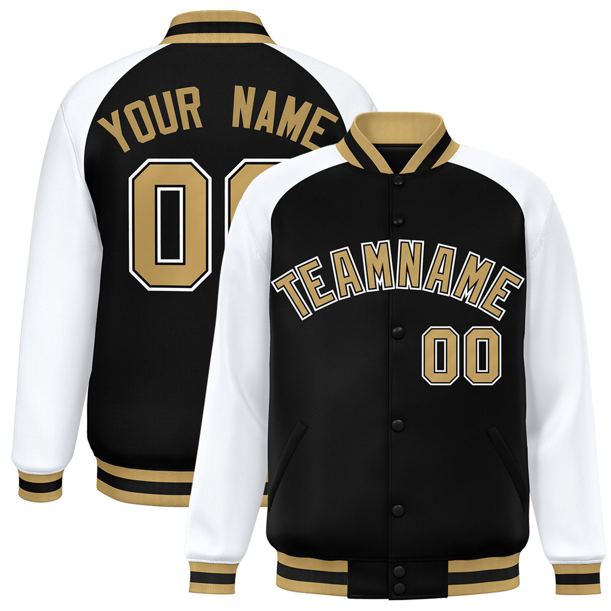 Custom Black White Old-Gold Bomber Raglan Sleeves Varsity Letterman Jacket