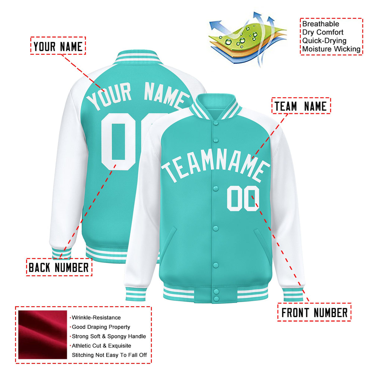 Custom Aqua-White Bomber Raglan Sleeves Varsity Letterman Jacket