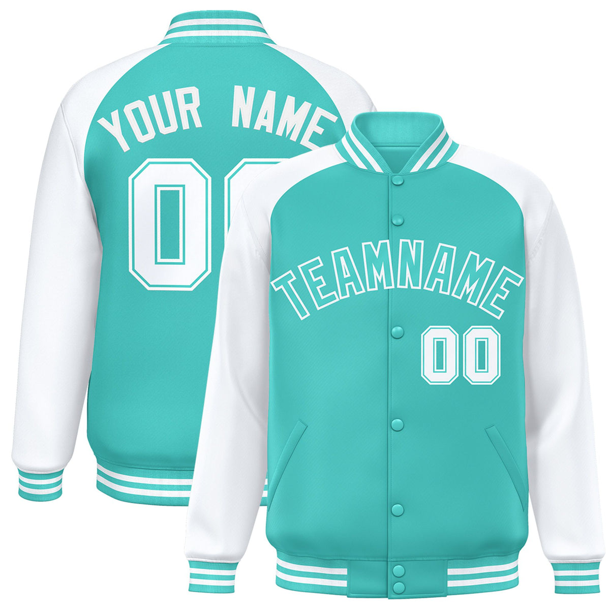 Custom Aqua Aqua-White Bomber Raglan Sleeves Varsity Letterman Jacket