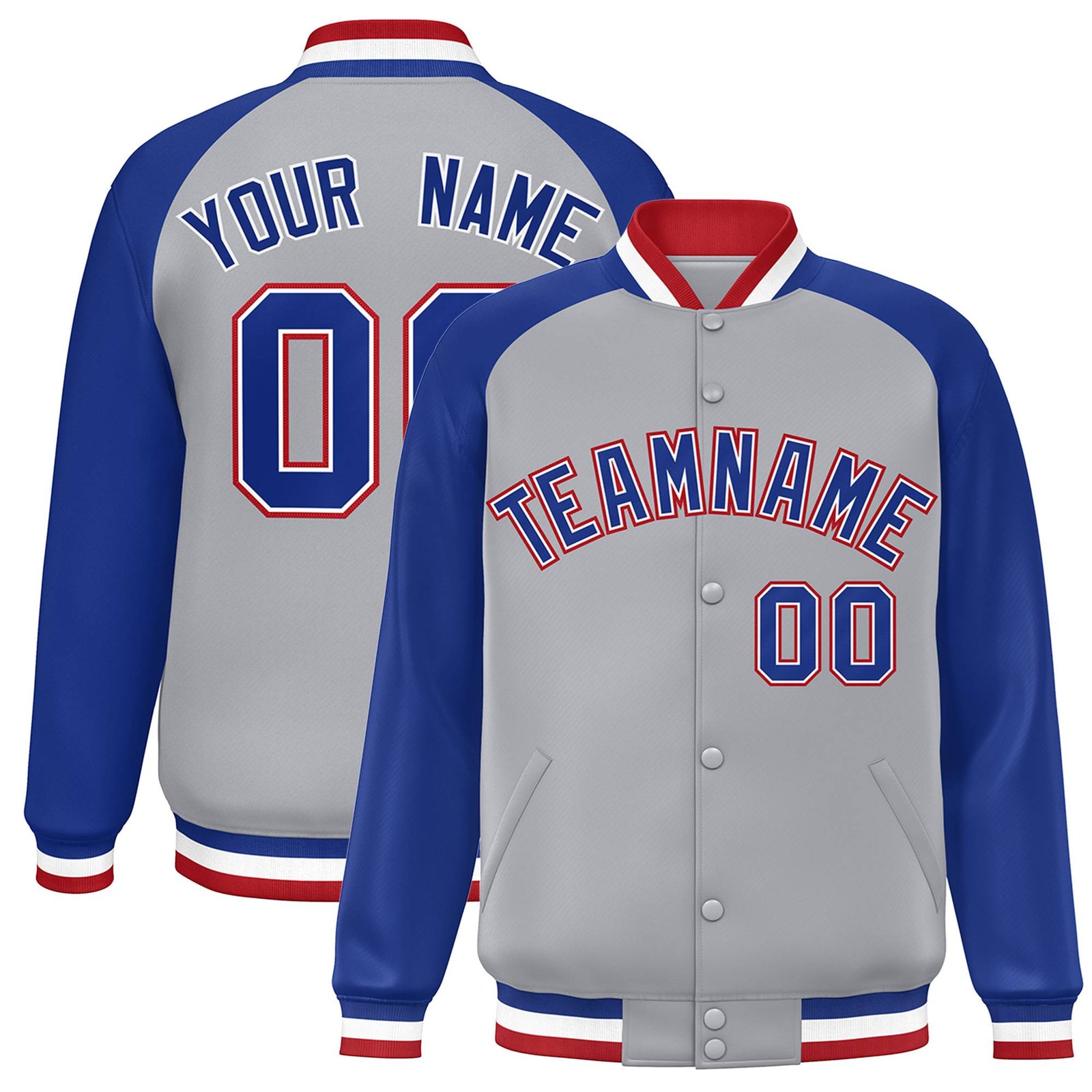 Custom Gray Thunder-Blue Red Bomber Raglan Sleeves Varsity Letterman Jacket