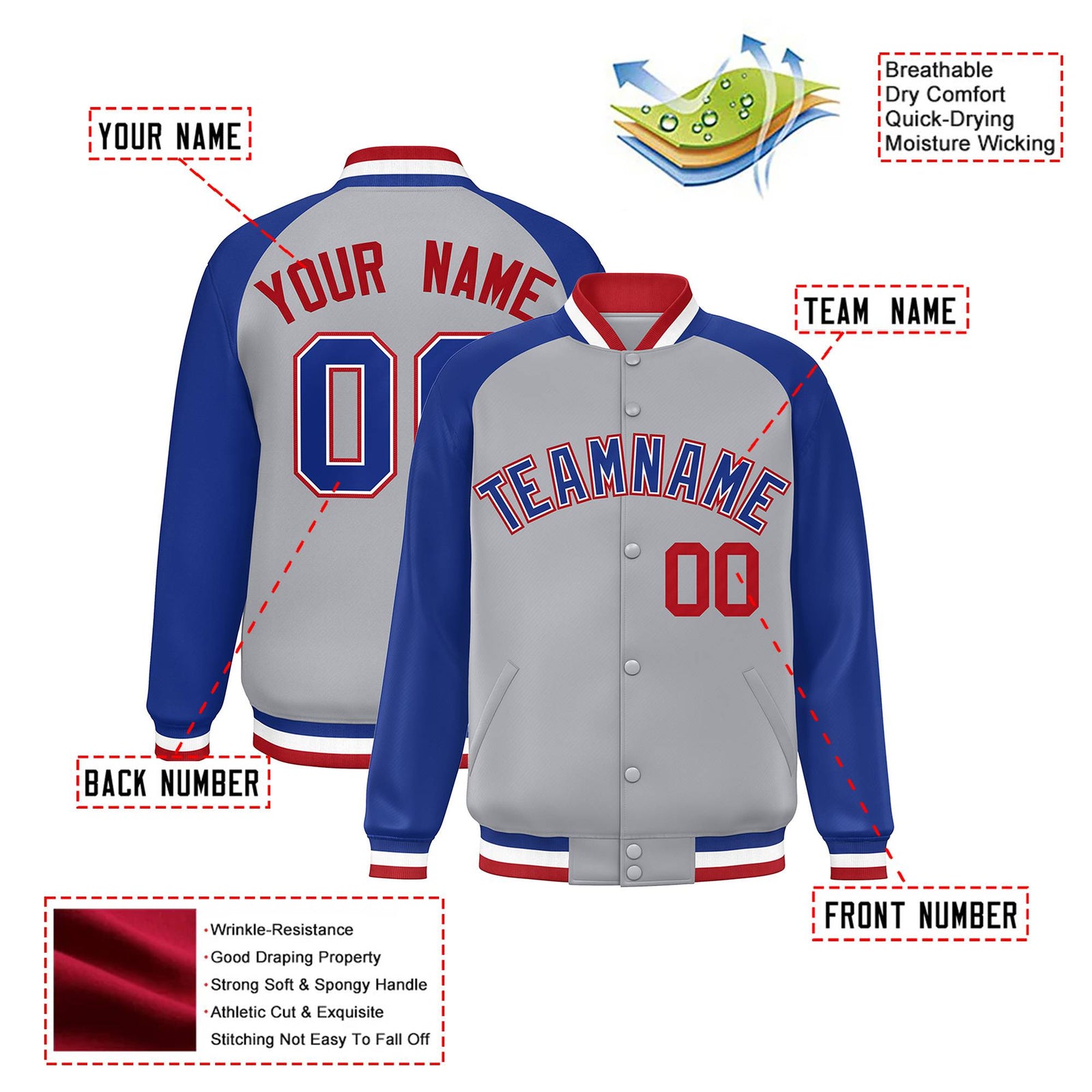 Custom Gray Thunder-Blue Red Bomber Raglan Sleeves Varsity Letterman Jacket